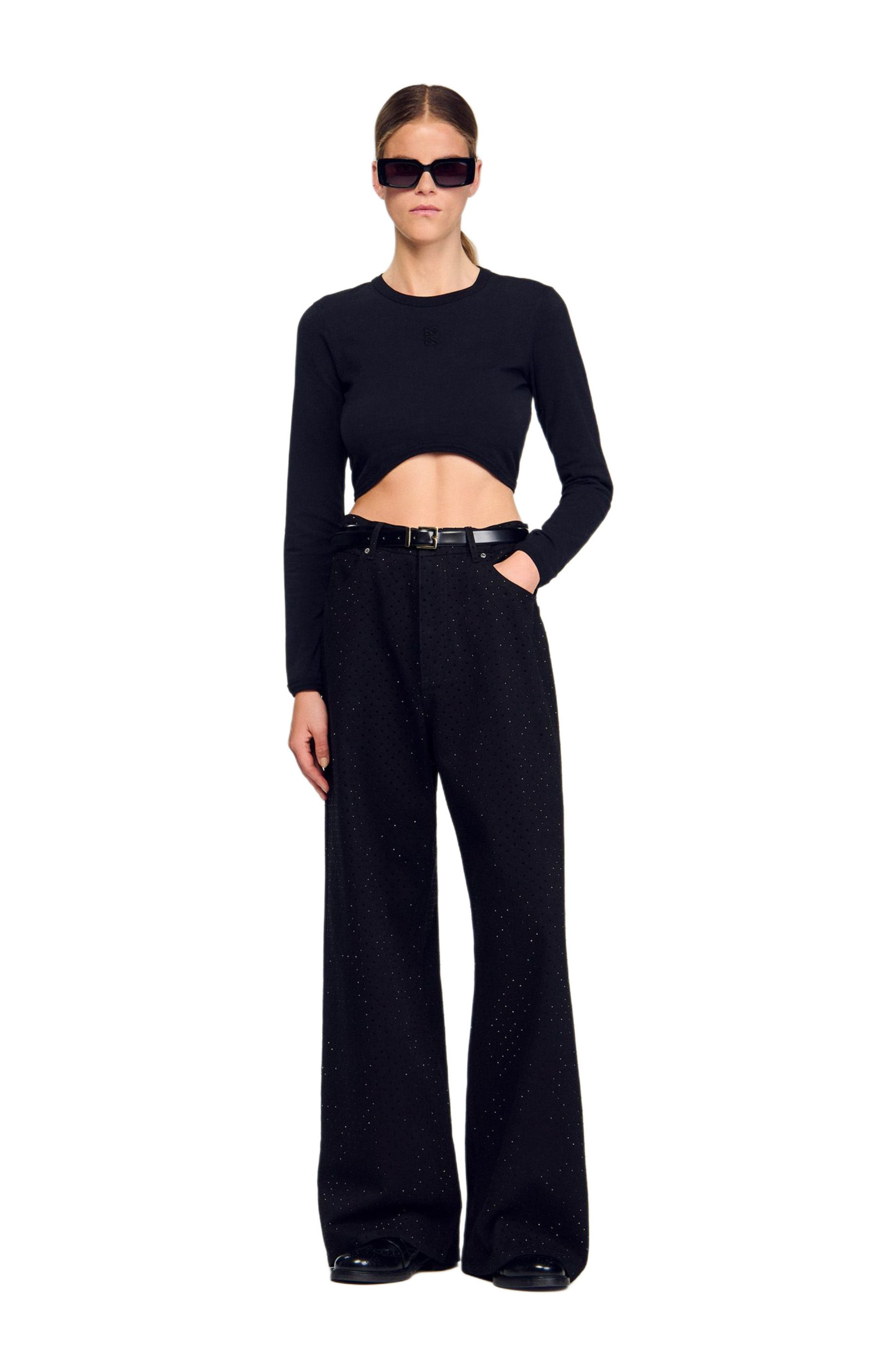 SANDRO Cropped embroidered T-shirt in Black at Nordstrom - 6