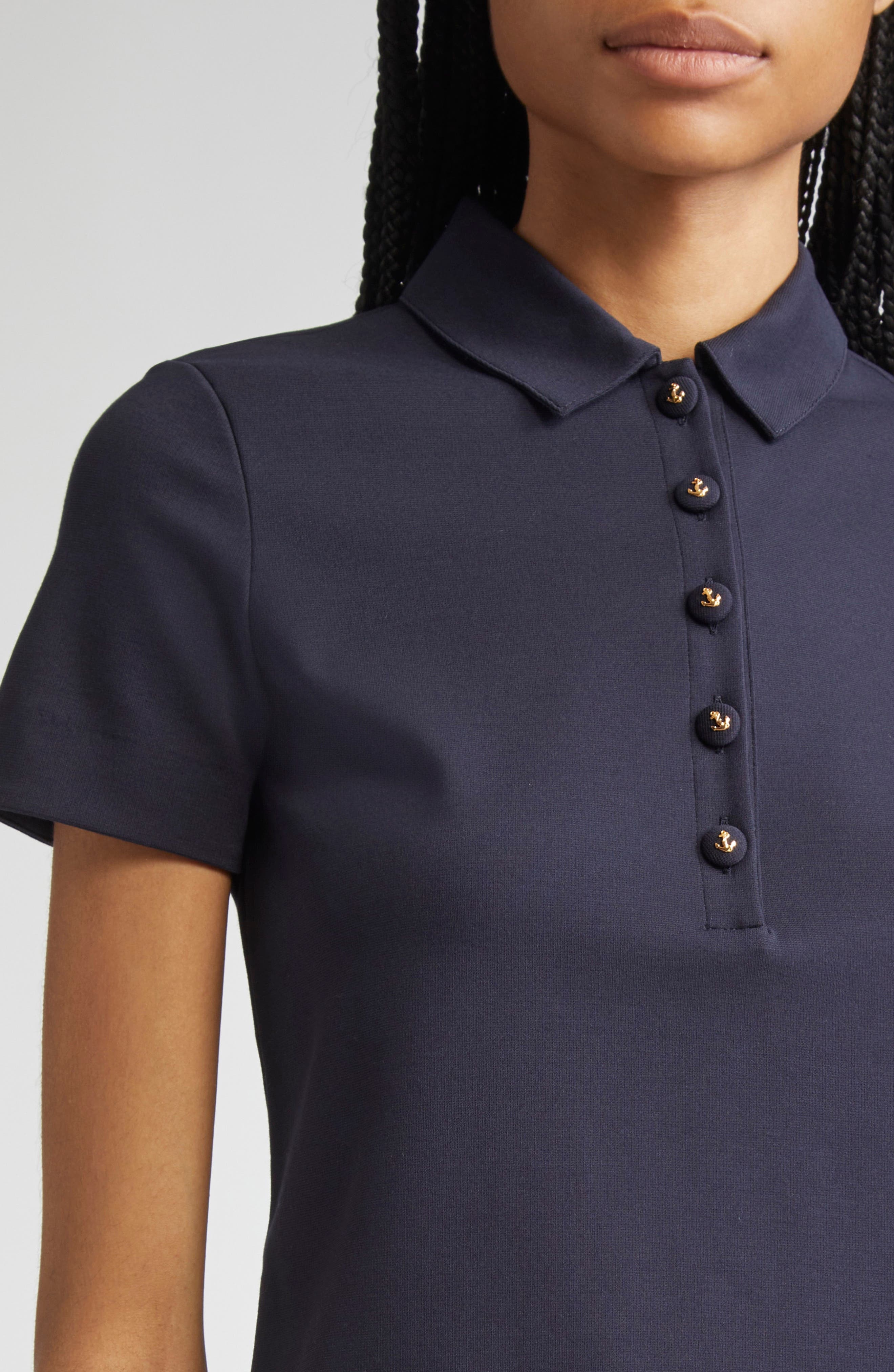 Thom Browne Milano Knit Cotton Polo with Anchor Embossed Buttons in Navy at Nordstrom - 4