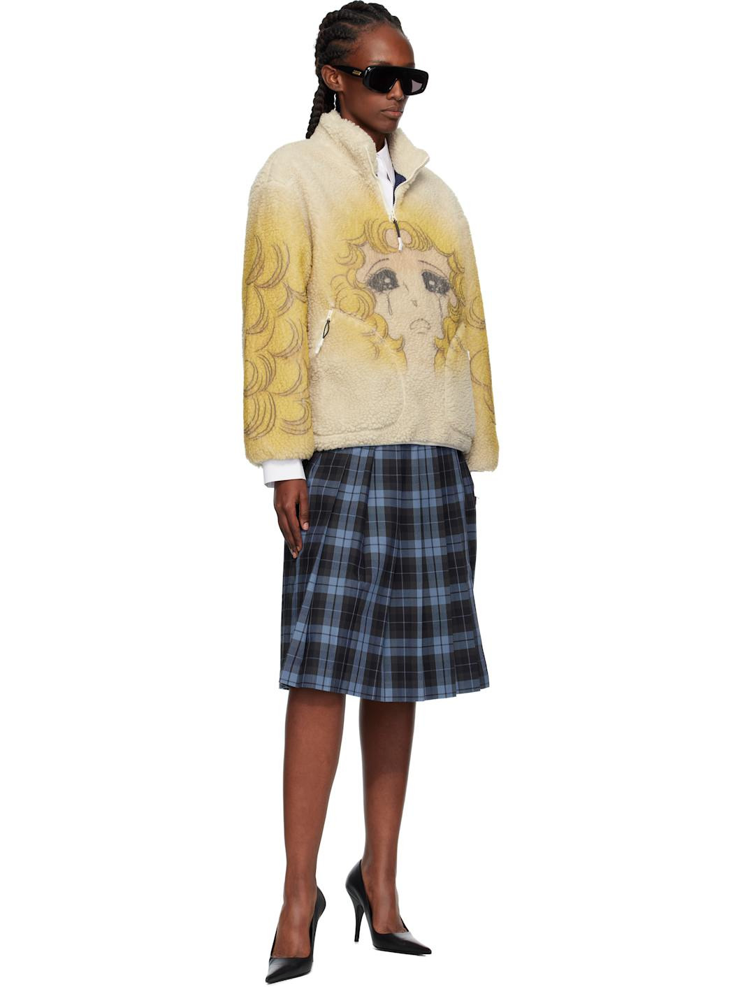 Yellow & Beige Crying Girl Half Zip Up Fleece Sweater - 4