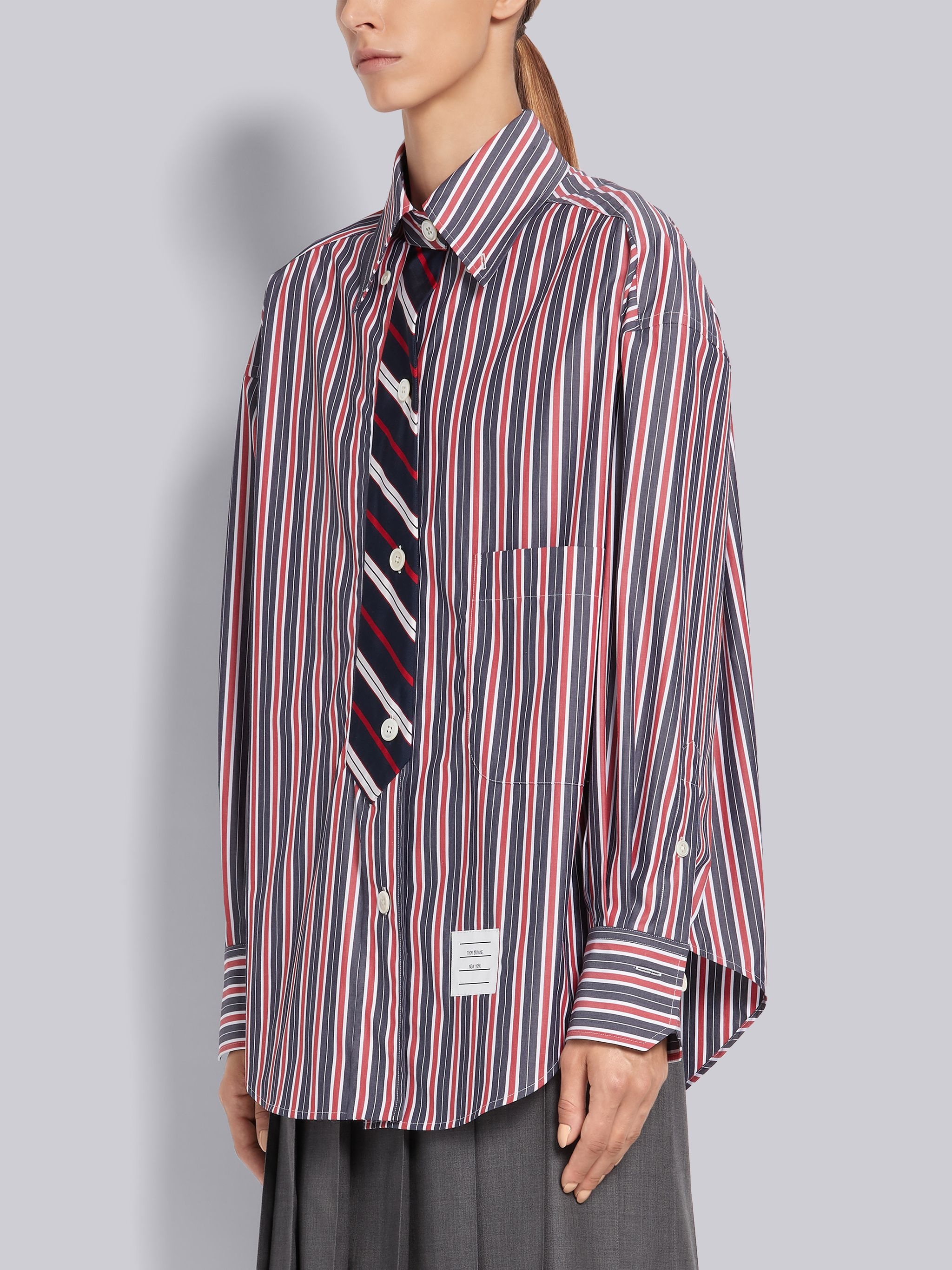 Multi-Color Cotton Poplin Trompe L'oeil Bar Stripe Necktie Supersized Shirt - 2