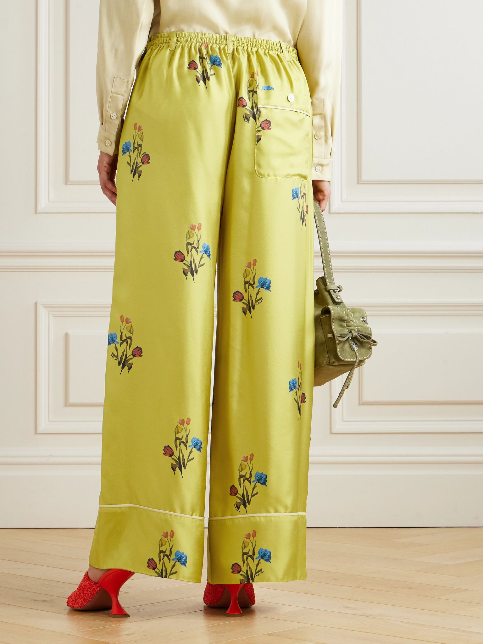 Floral-print silk-twill wide-leg pants Yellow - 3
