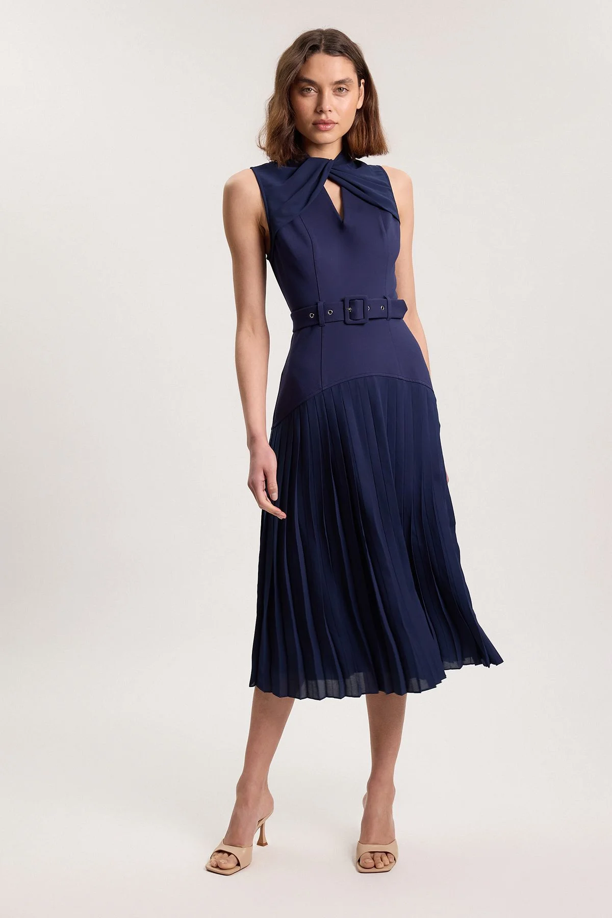 Ponte And Textured Georgette Button Mix Cut Out Detail Pleated Maxi Dress - 1