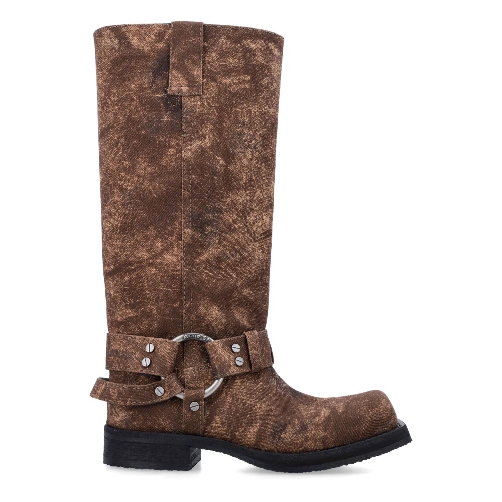 Acne Studios RUST BROWN CLOSED DENIM BUCKLE BOOTS | miinto