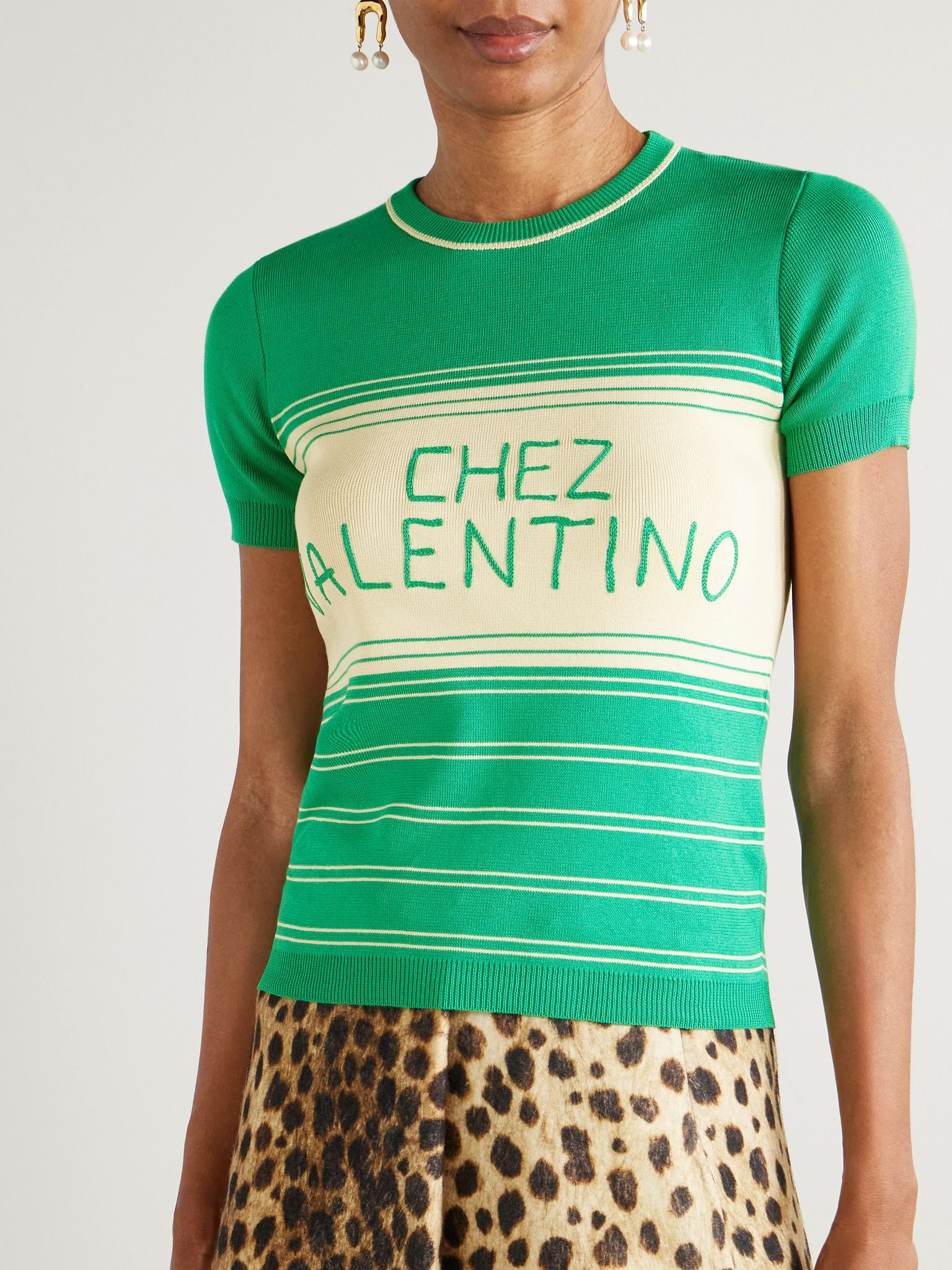 Embroidered striped cotton T-shirt Green - 3