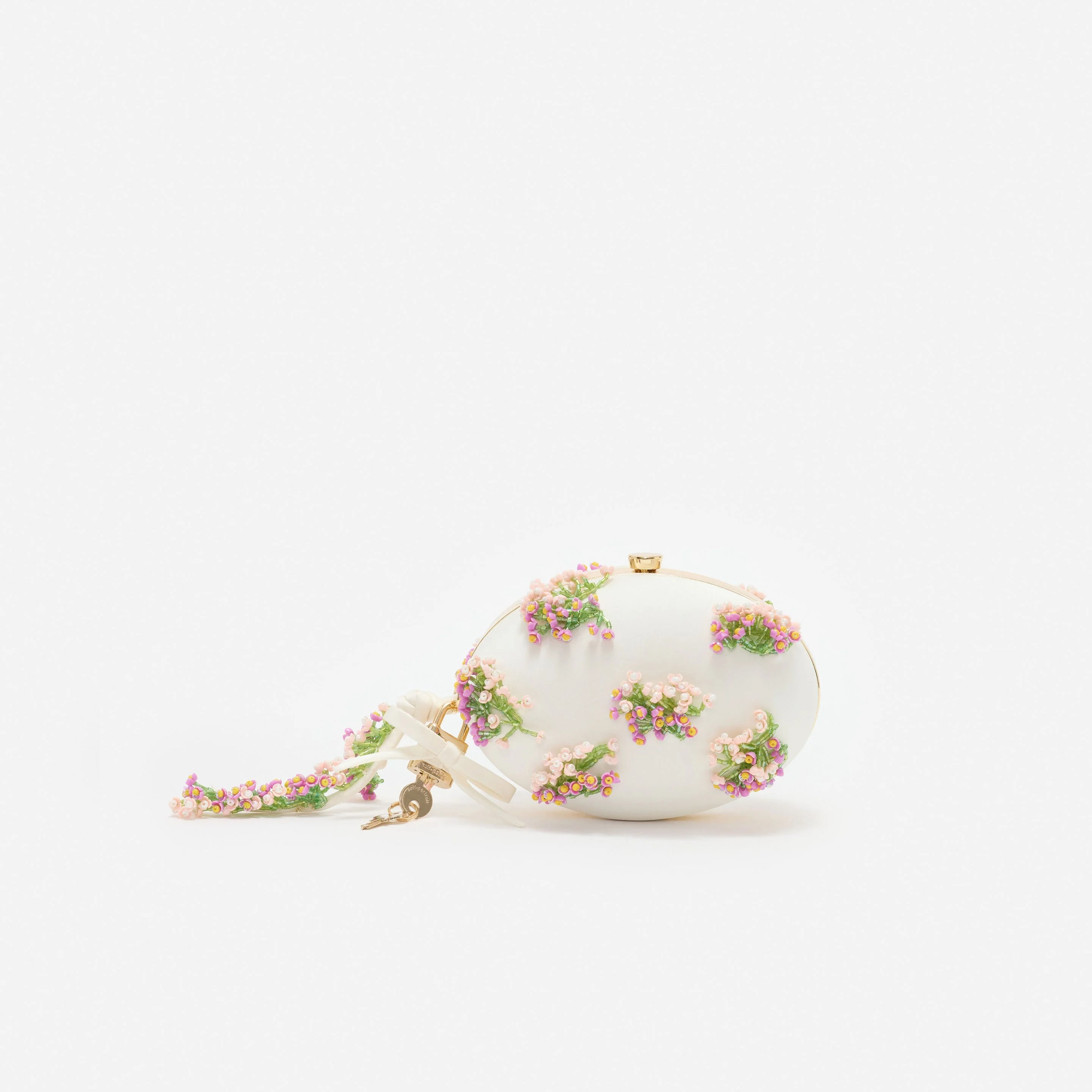 Cream Satin Pink Floral Beaded Oval Clutch - 1