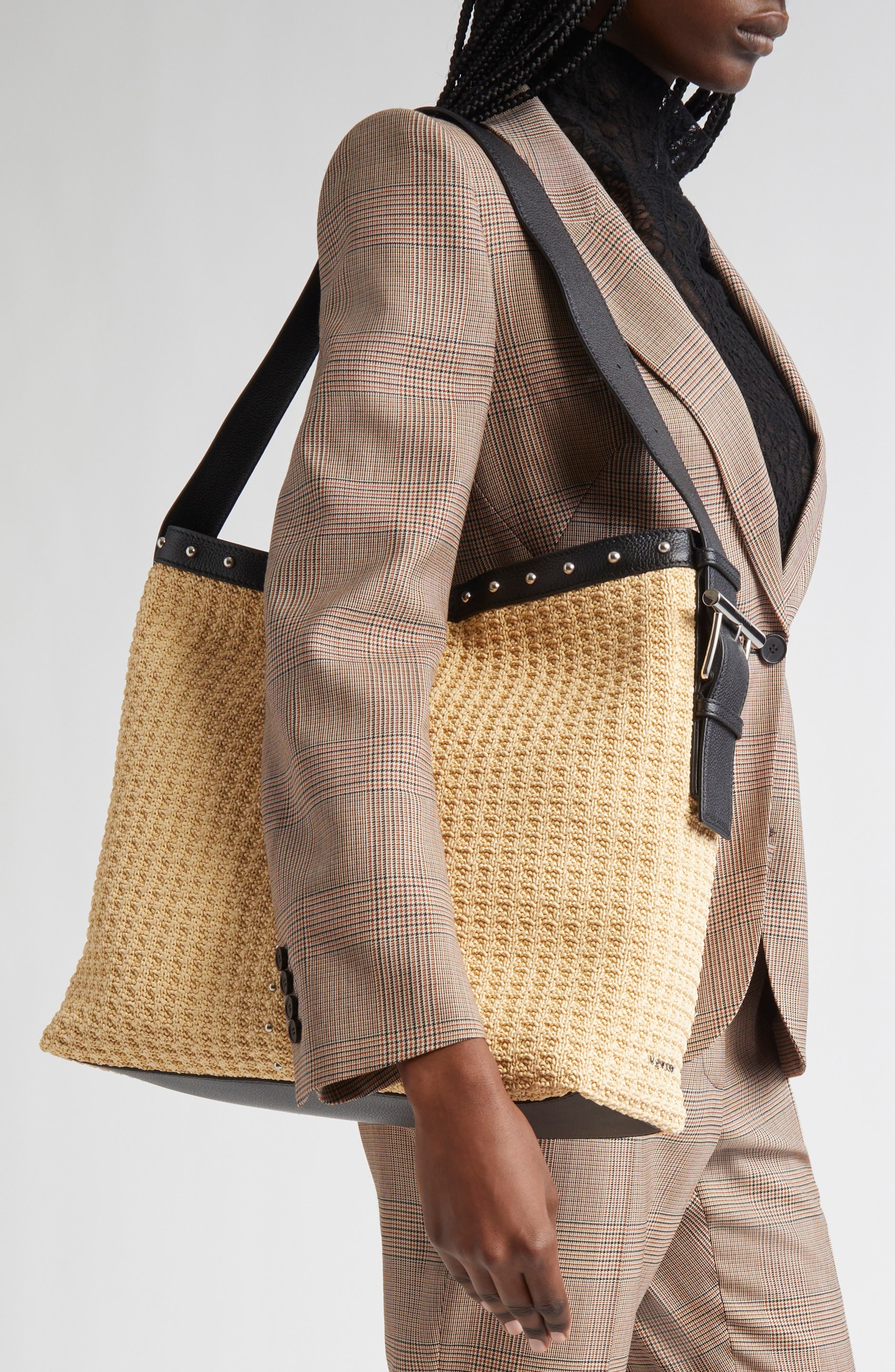 McQueen T-Bar Sling Studded Raffia & Leather Shoulder Bag in Natural/Black/Silver at Nordstrom - 2