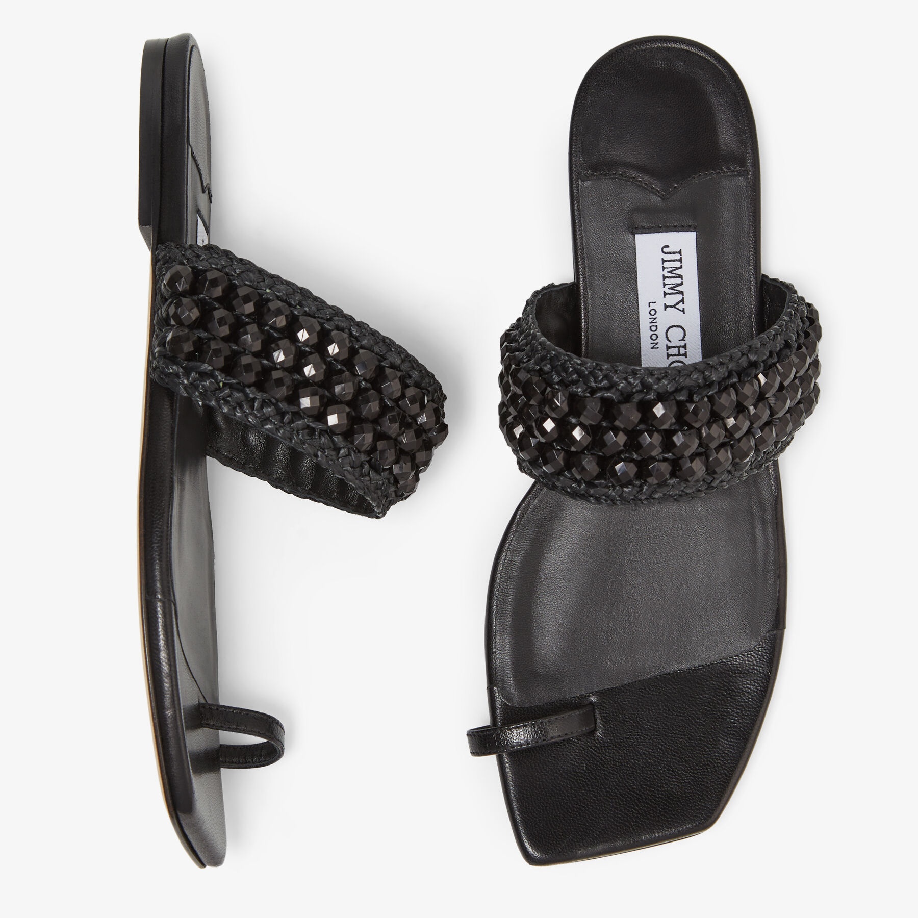 Amoure Flat
Black Nappa Leather Flat Sandals with Beaded Raffia - 5