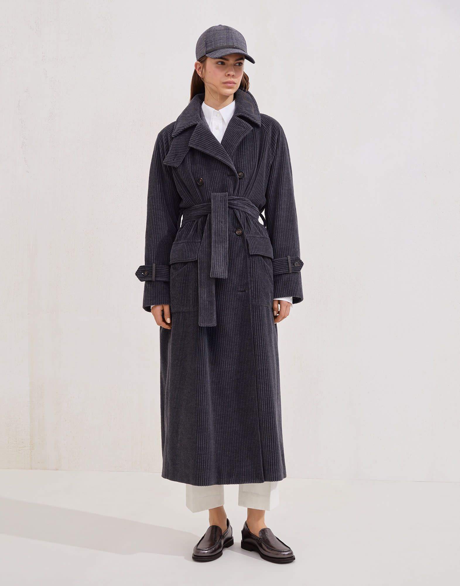 Cotton and cashmere wide rib corduroy trench with shiny cuff details - 1