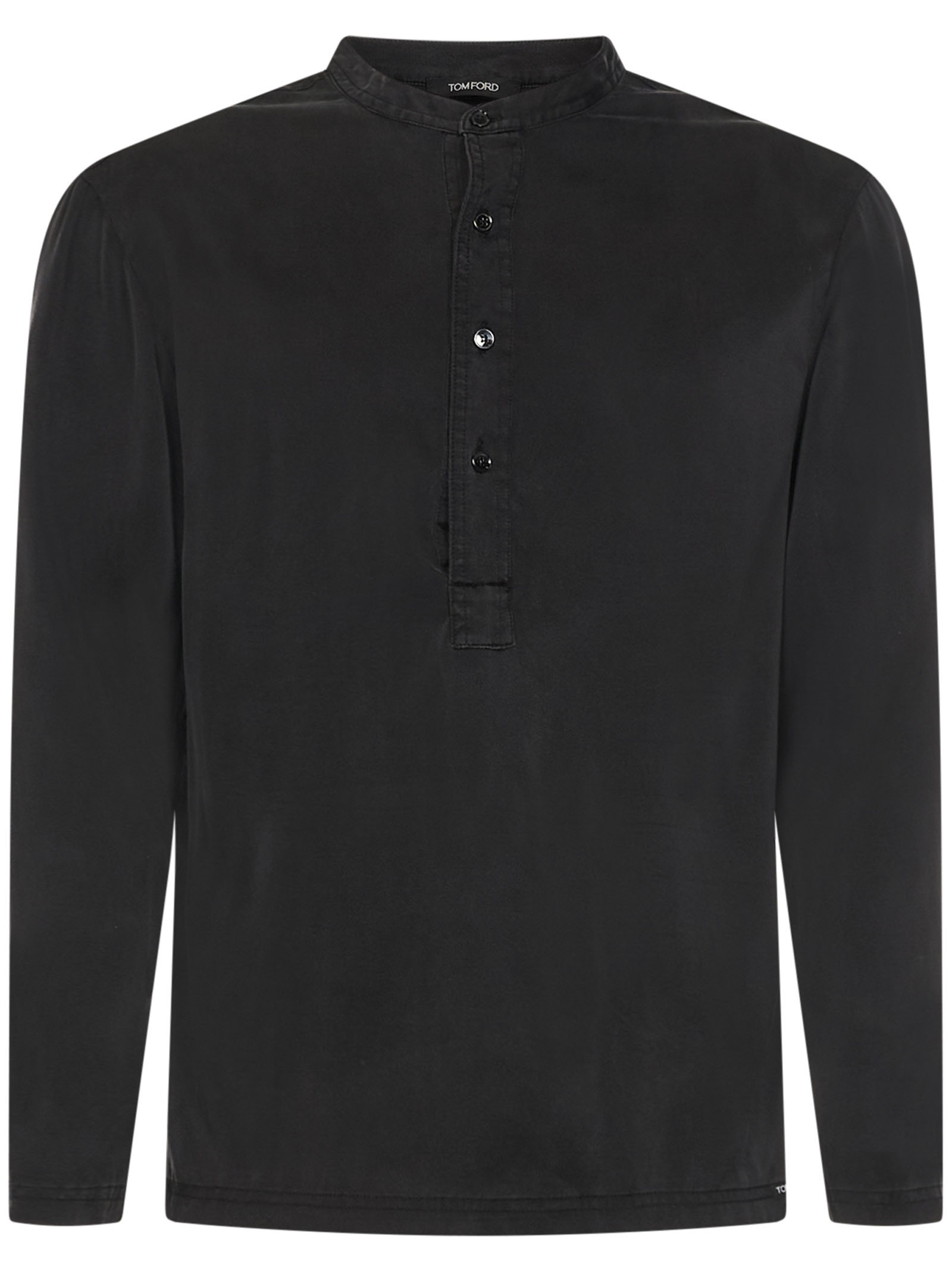 Henley pajama shirt in black stretch silk with logoed label on the bottom and side slits. - 1