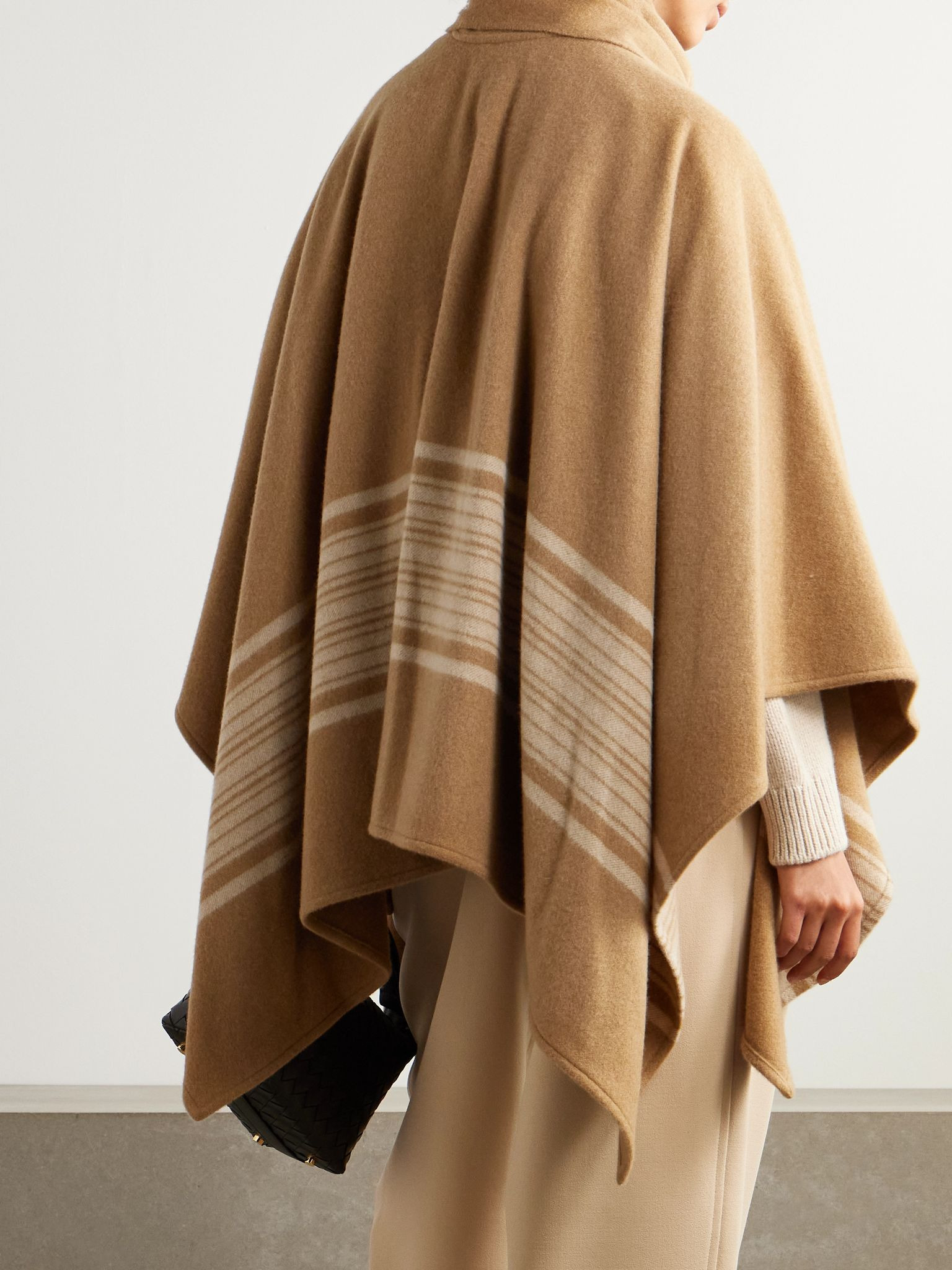 Daisy fringed scarf-detailed striped brushed cashmere cape Camel - 3