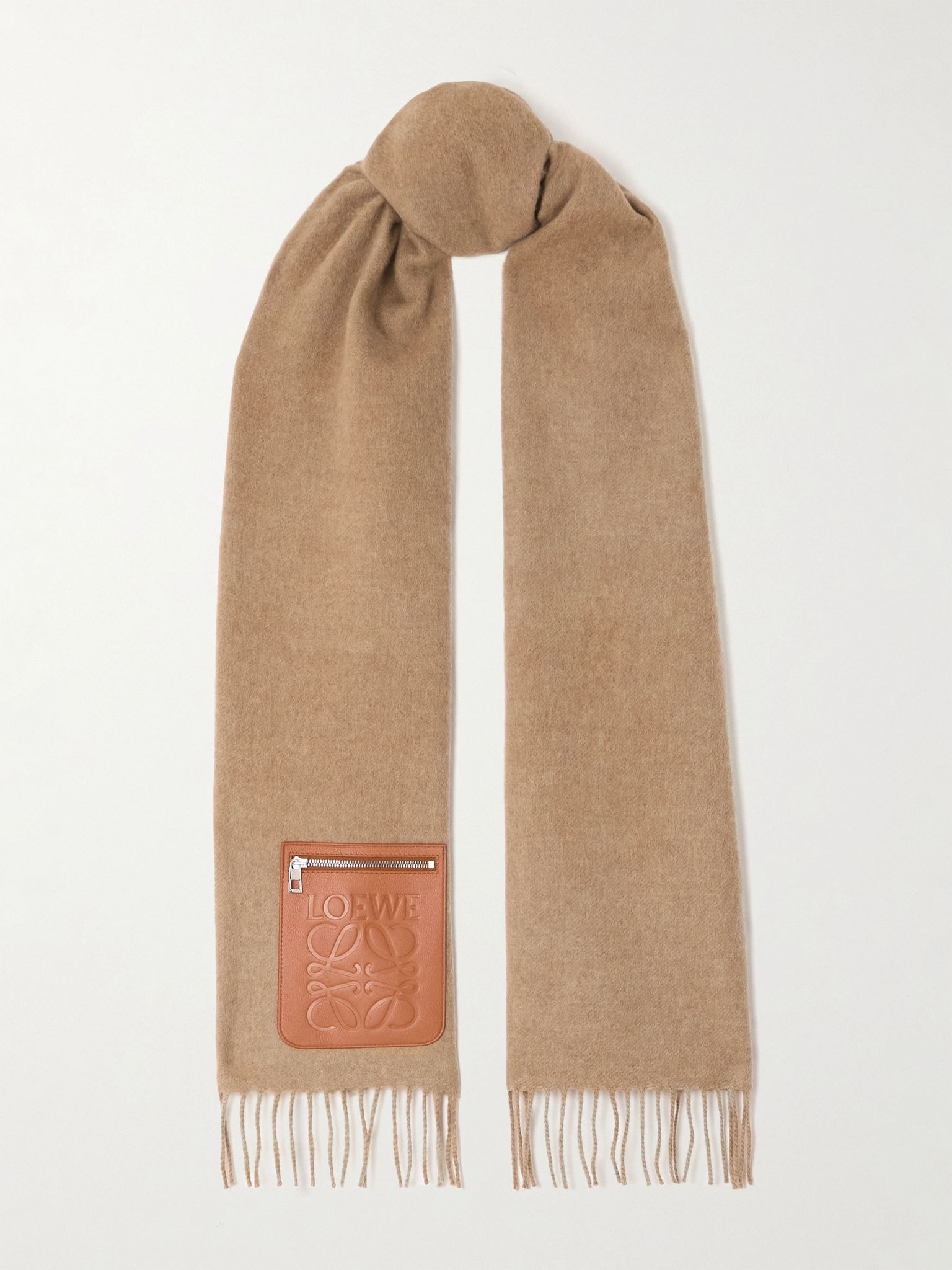 Leather-trimmed fringed wool and cashmere-blend scarf Beige - 1