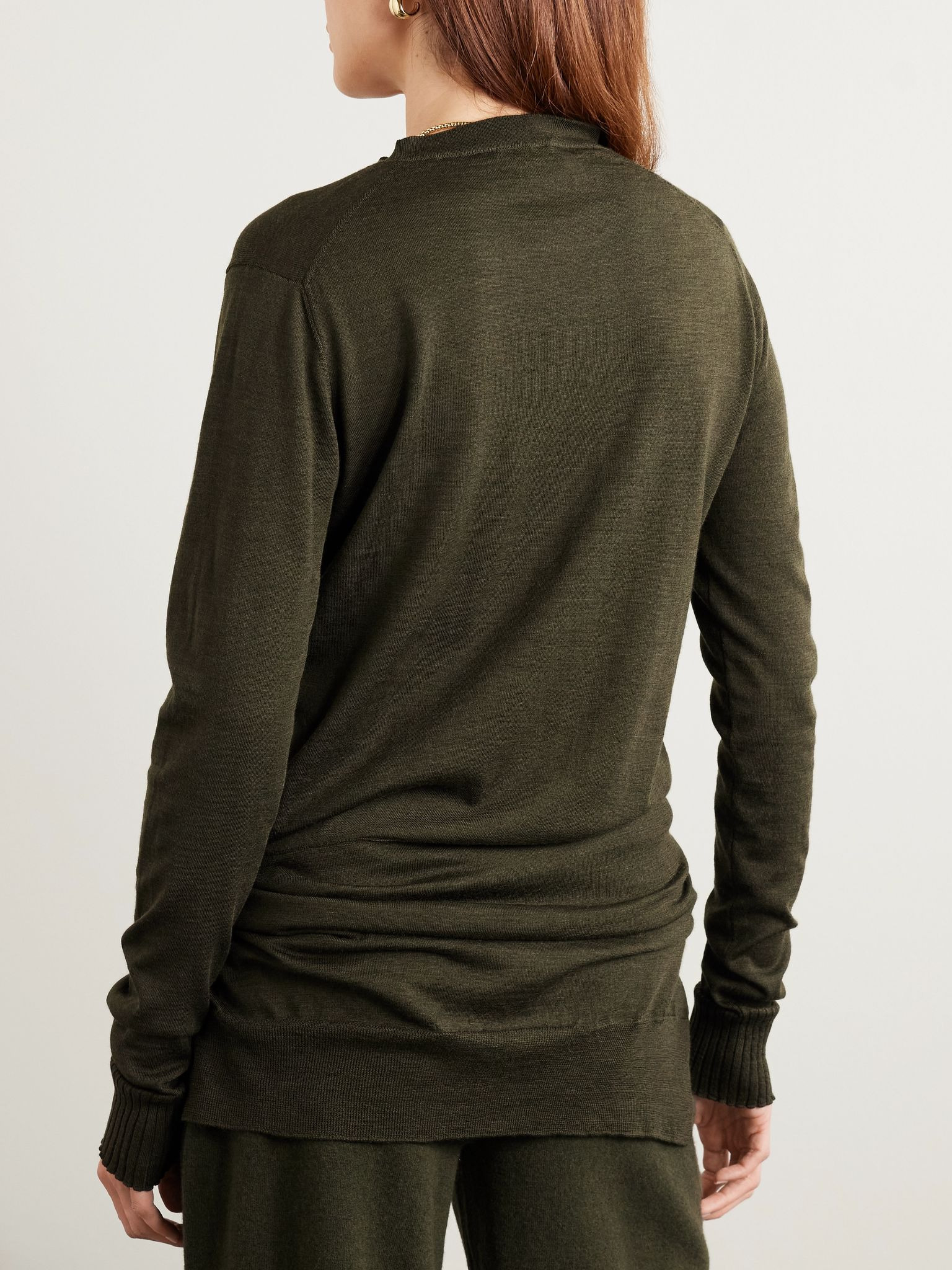 Tie-front layered wool sweater Army green - 3