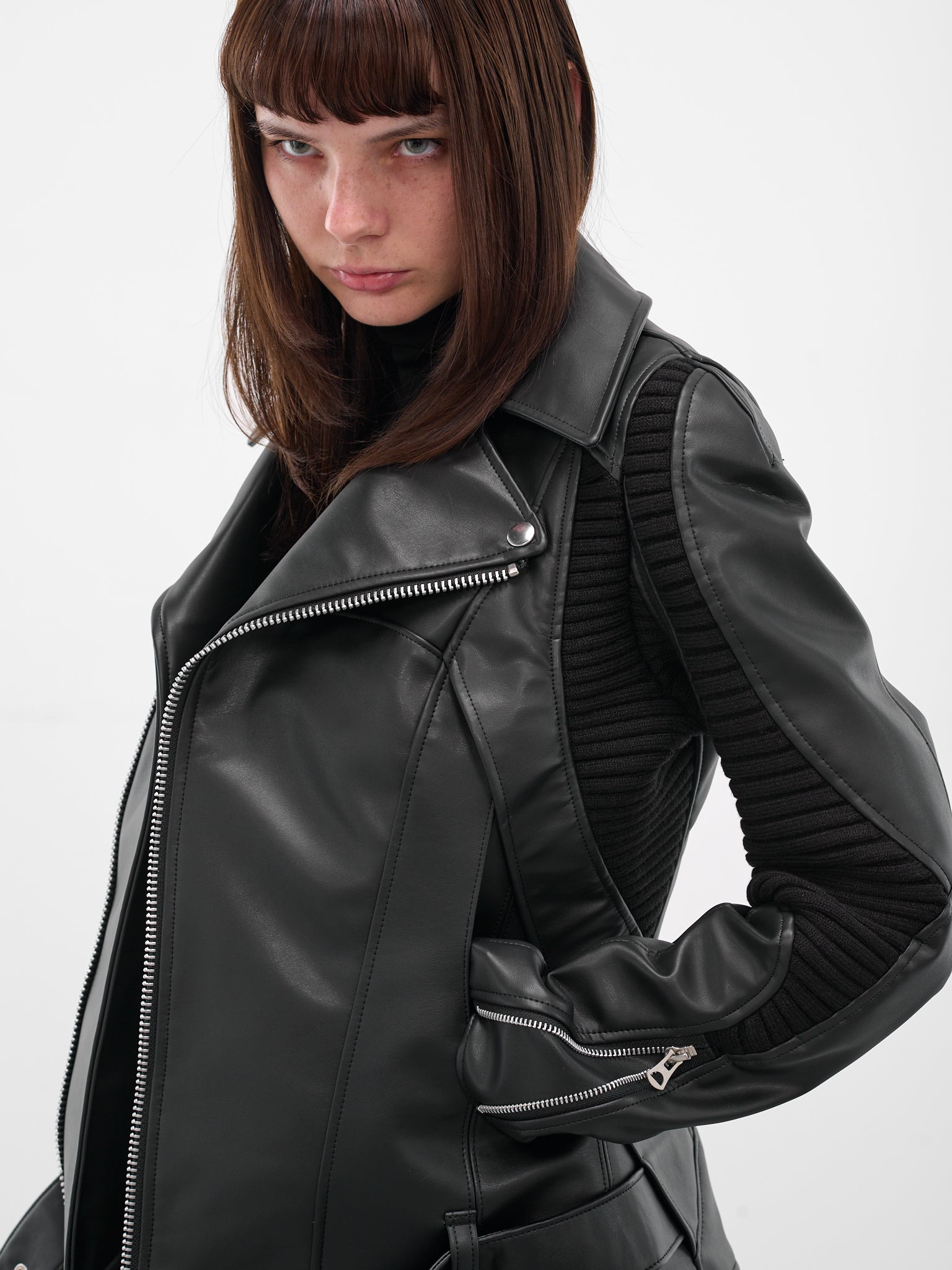 Black Rib Panel Biker Jacket - 4