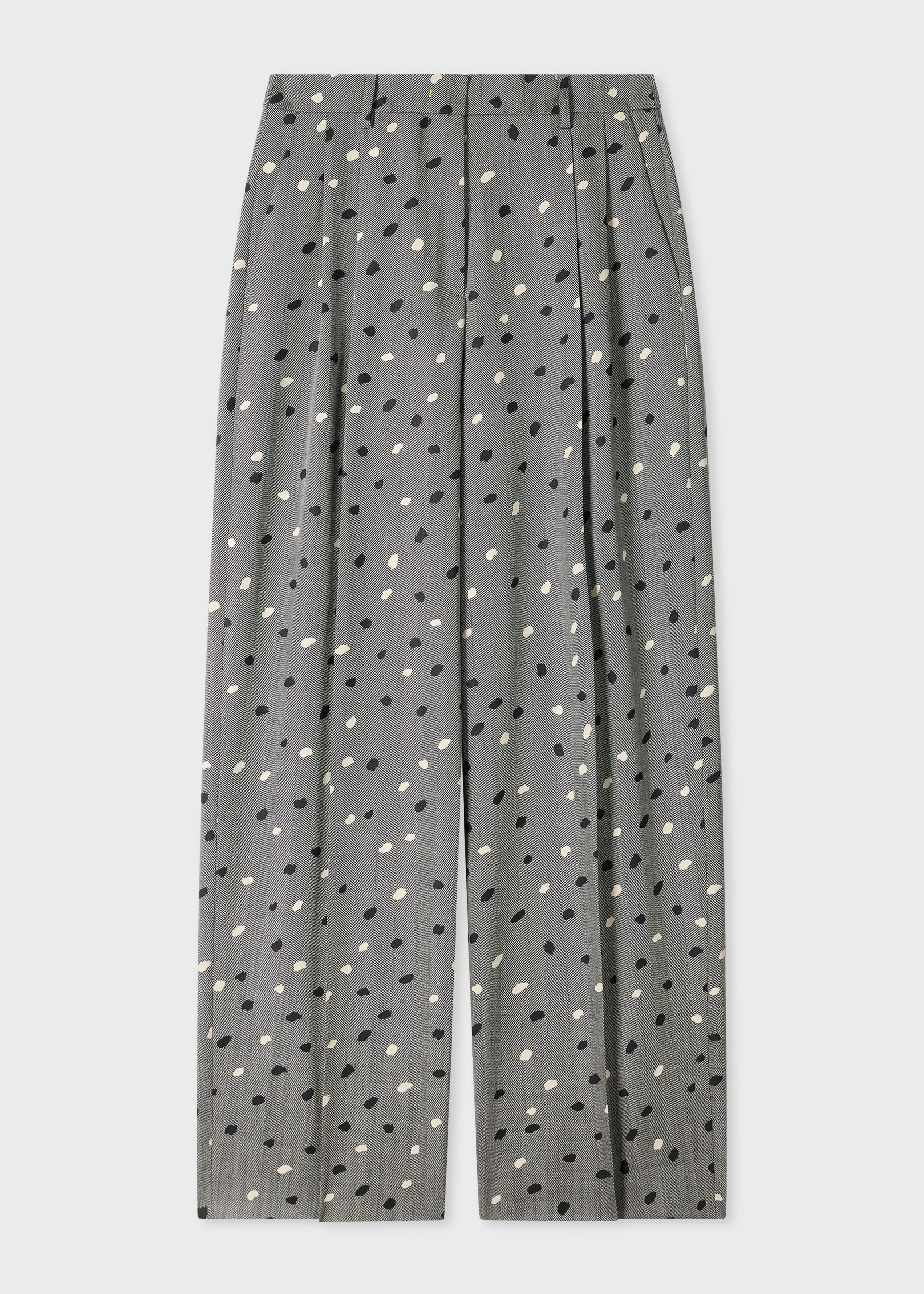 Women's Grey Herringbone Polka Dot Overlay Wide-Leg Trousers - 1
