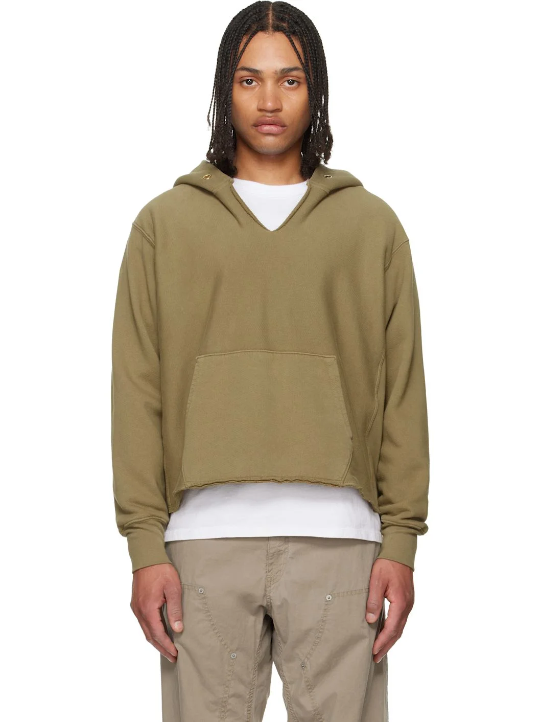 Khaki Heavyweight Raw Cropped Hoodie - 1
