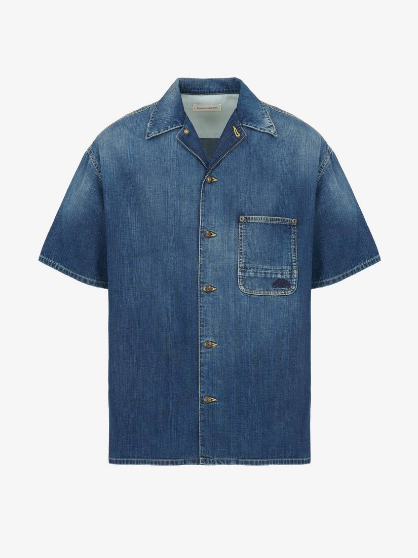 Men's Hawaiian Denim Shirt in Washed Blue - 1