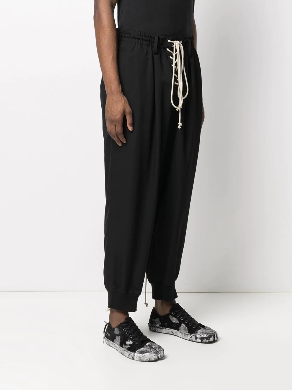 lace-up drop-crotch wool trousers - 3