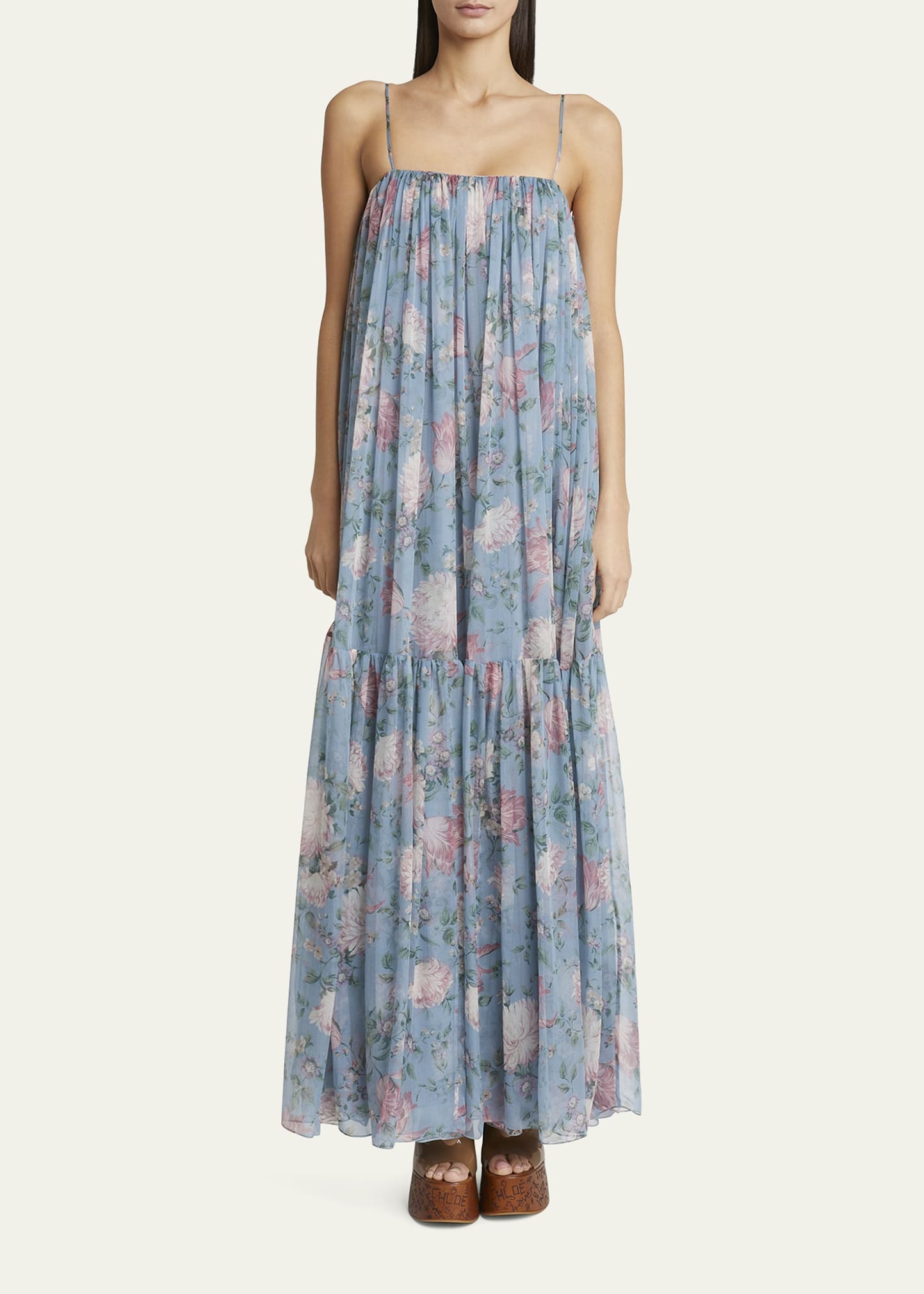 Long Floral Print Tiered Silk Dress - 2