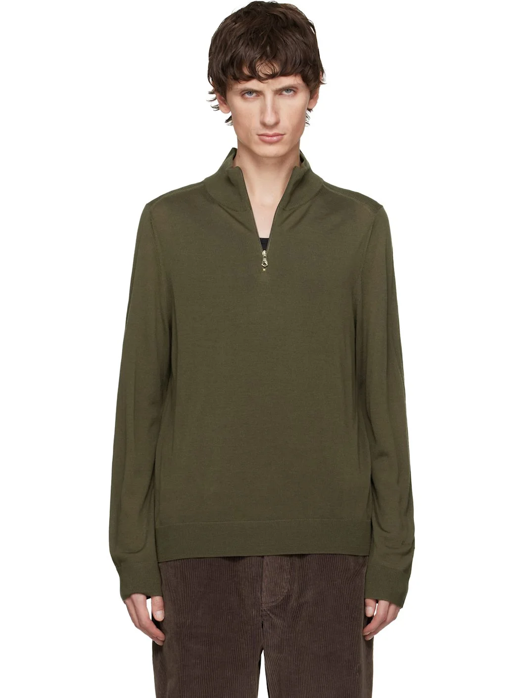 Khaki Merino Wool Half-Zip Sweater - 1