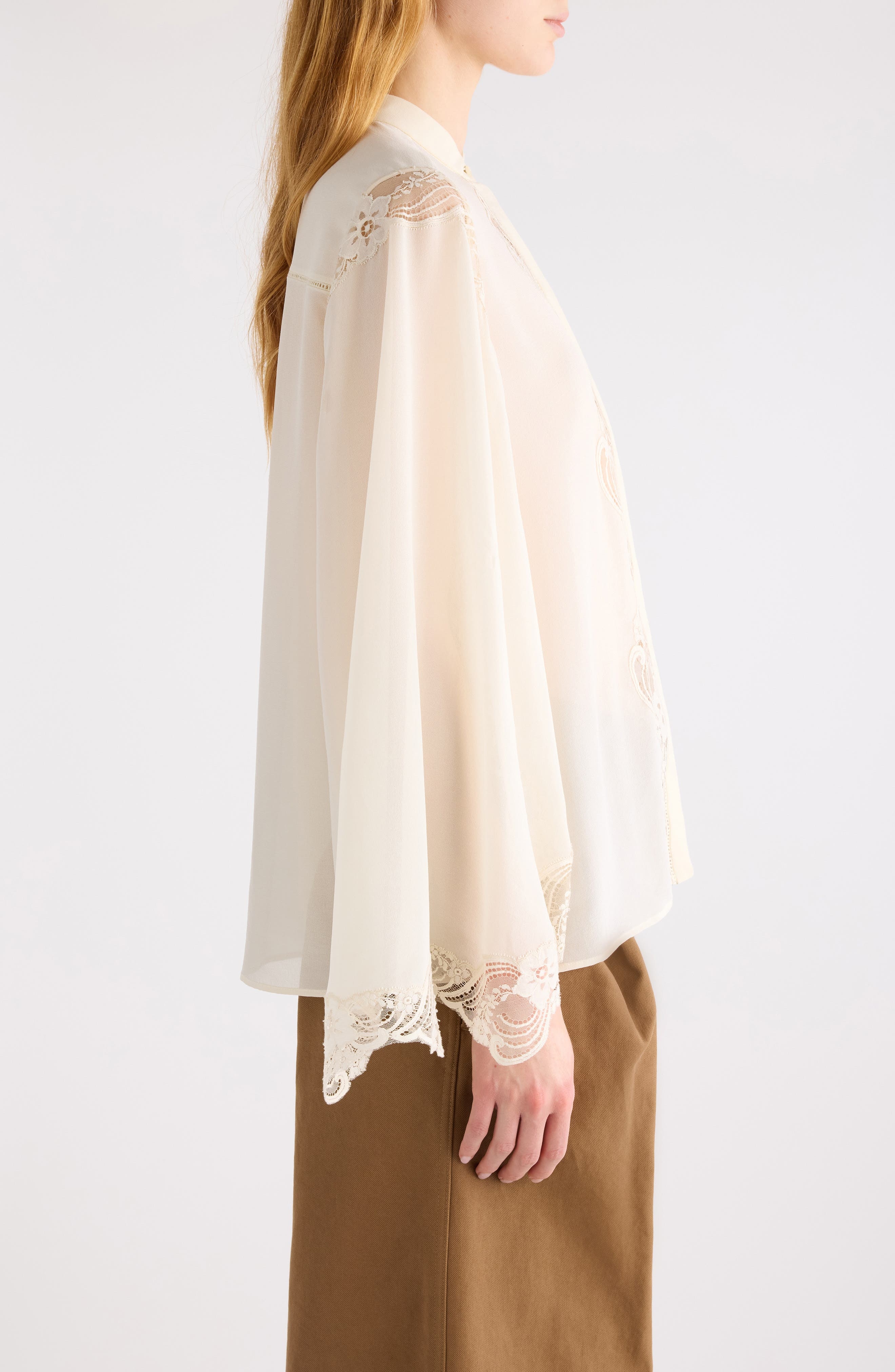 Chloé Silk Georgette & Lace Shirt in Pristine White at Nordstrom - 4