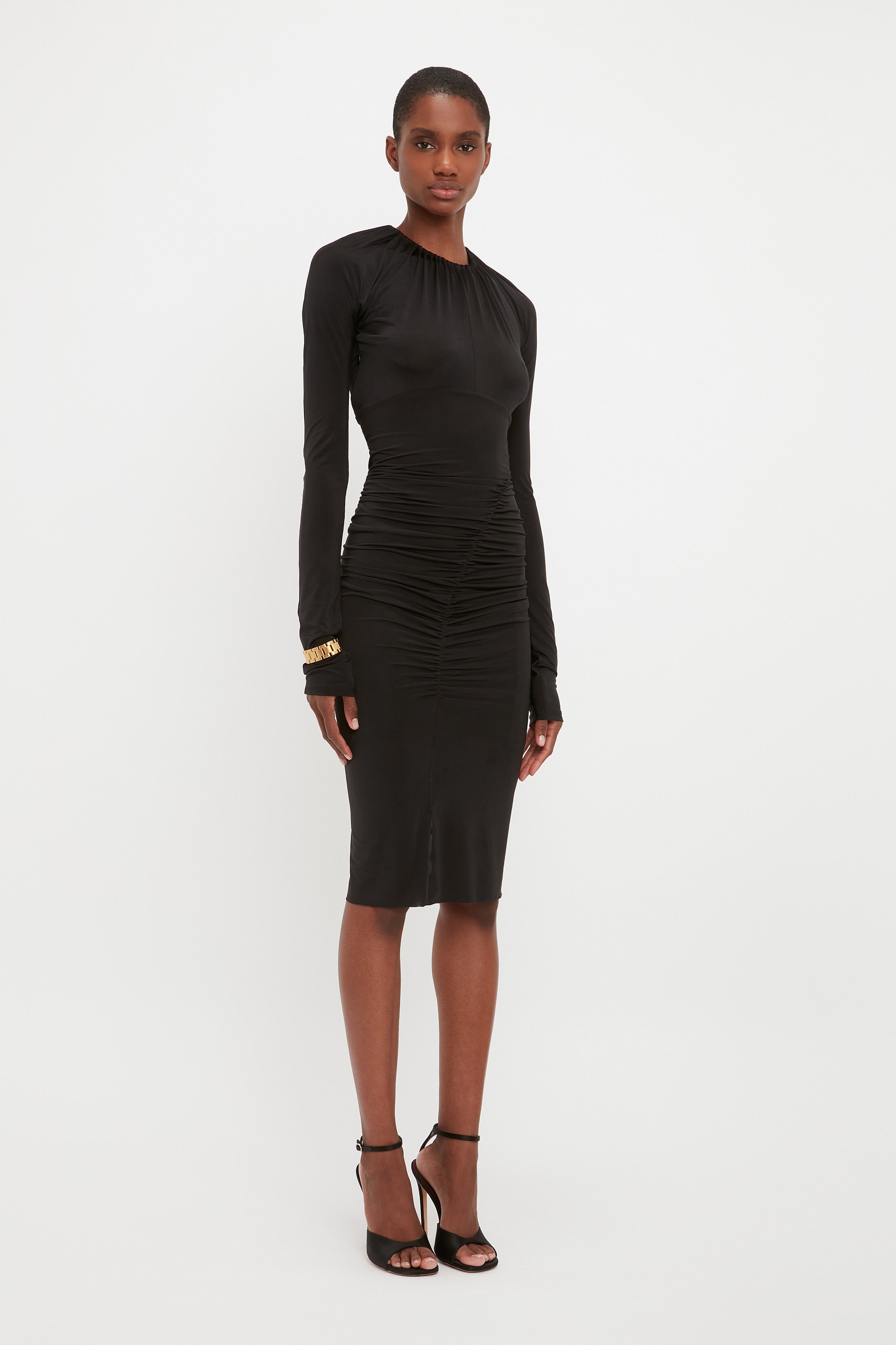 Long Sleeve Fitted Dress In Black - 3