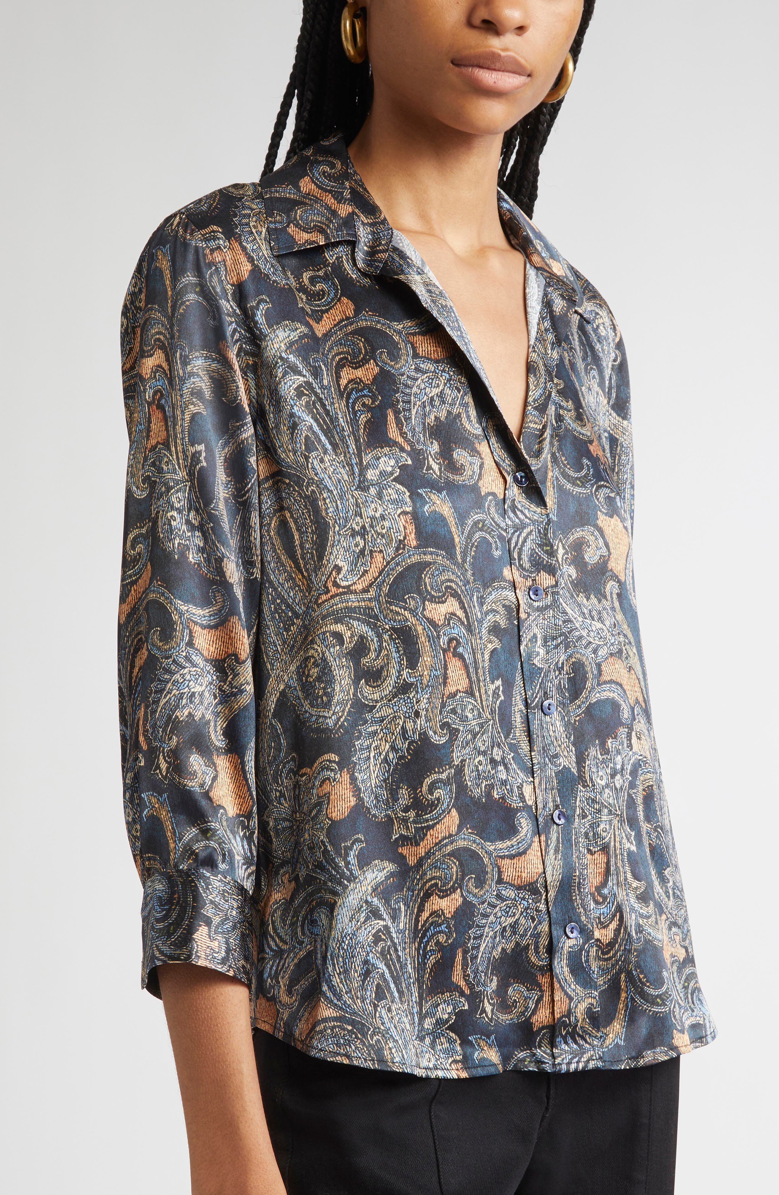 L'AGENCE Dani Print Three-Quarter Sleeve Silk Button-Up Shirt in Midnight Multi Etched Paisley at No - 5