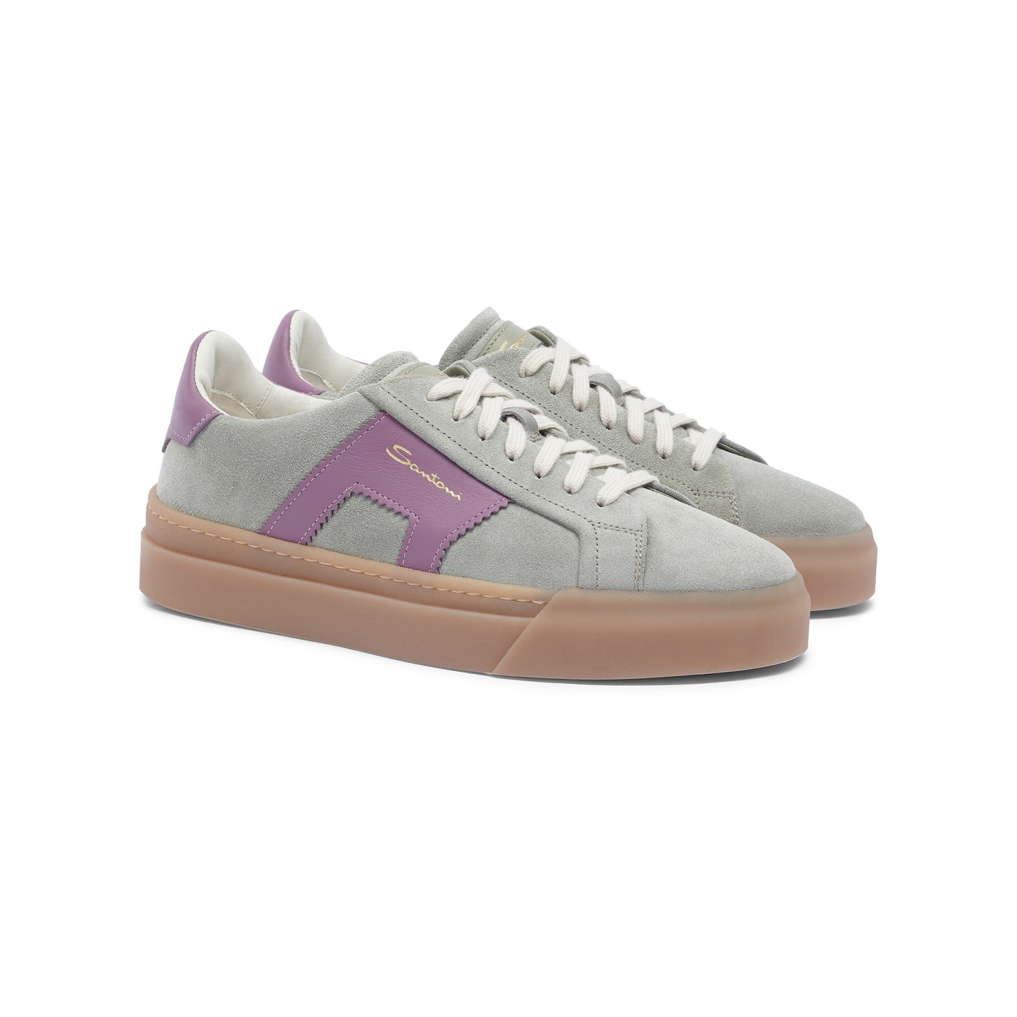 Women's green and purple suede and leather double buckle sneaker - 3