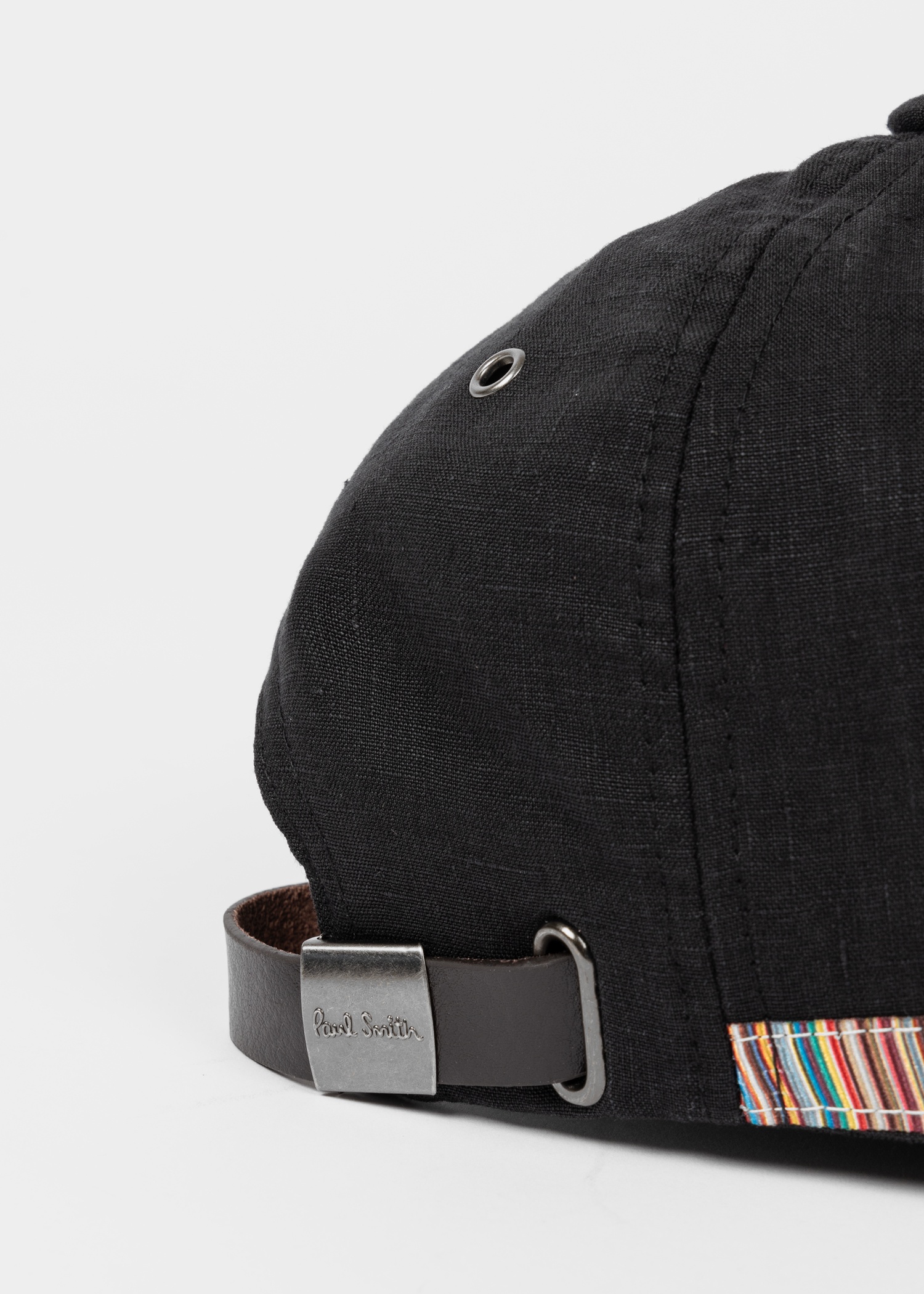 Black Linen Signature Stripe Trim Cap - 2