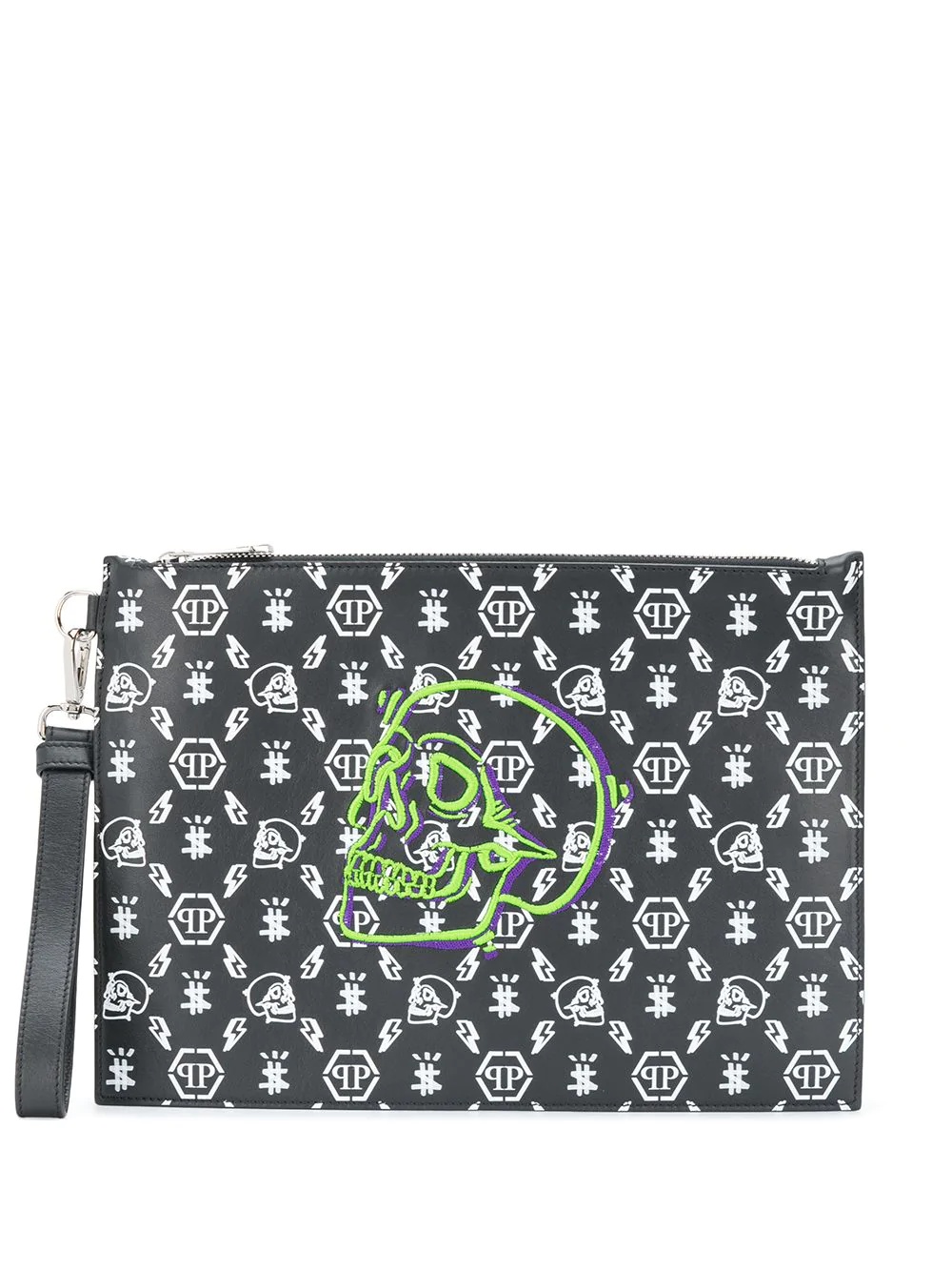 embroidered-skull logo leather clutch - 1