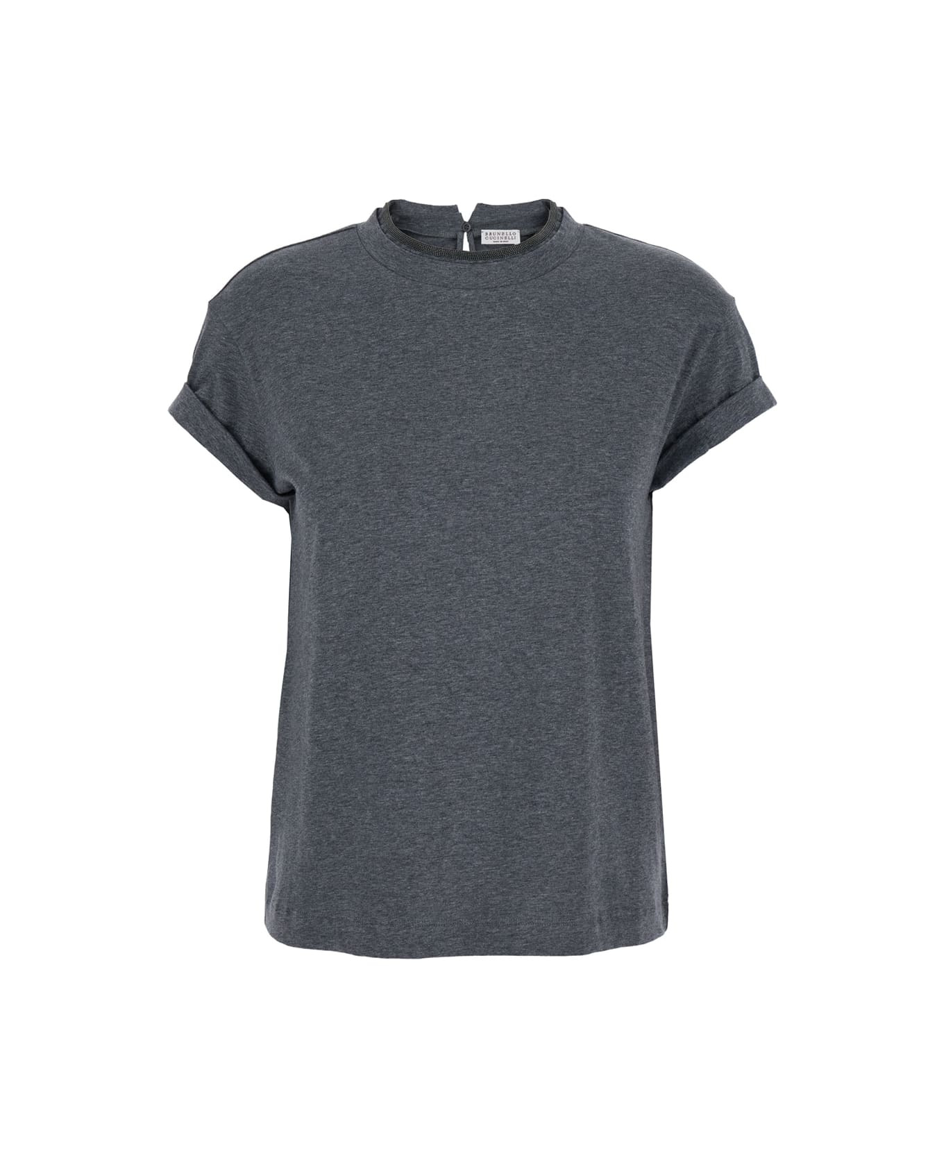 Grey Crewneck T-shirt With Monil Detail On The Collar And Rear Cut-out In Cotton Stretch Woman - 1