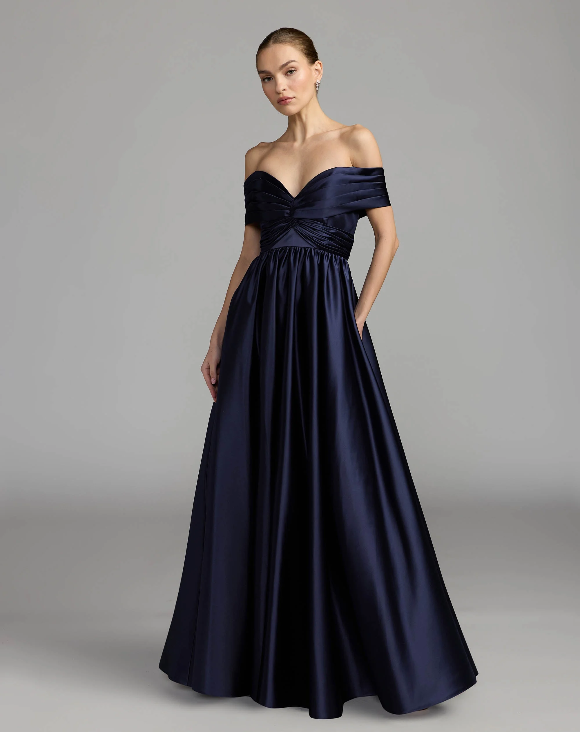 Midnight Off The Shoulder Satin A-Line Gown - 1