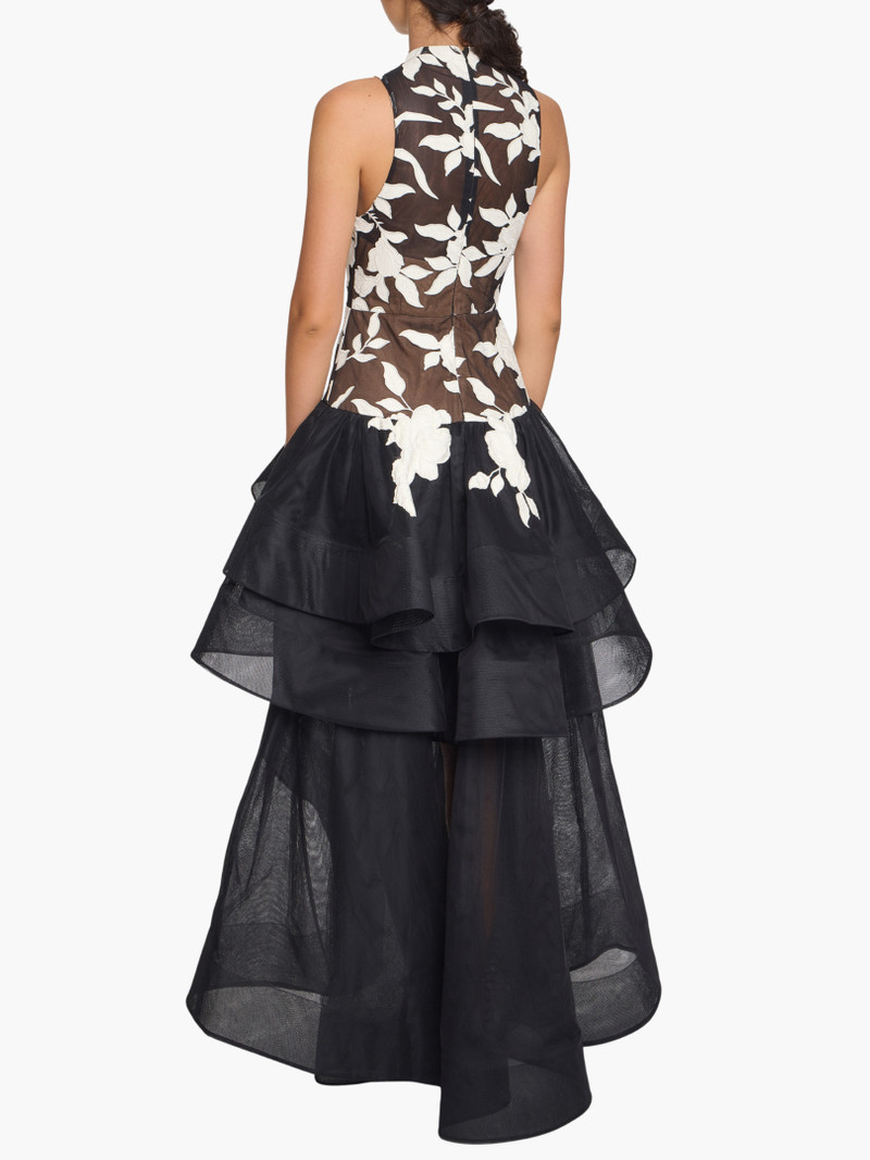 Marchesa LEATHER GUIPURE HIGH NECK SLEEVELESS TIERED GOWN outlook