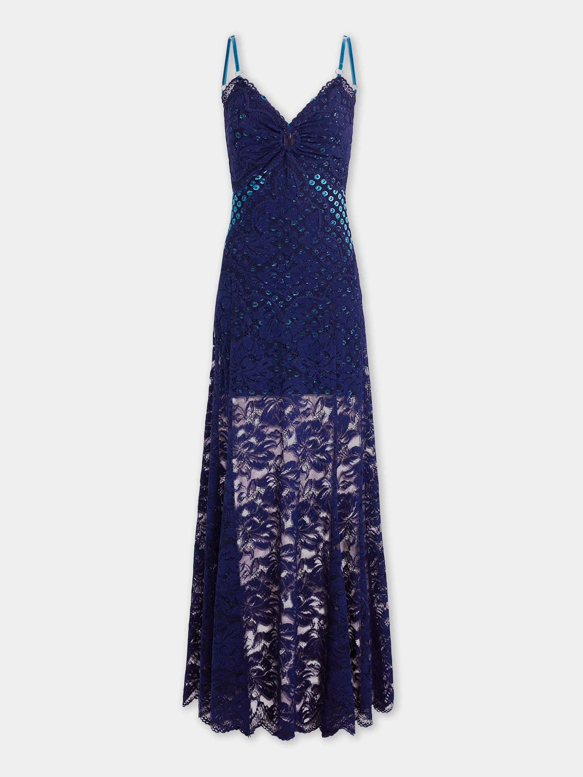 LONG NAVY BLUE TROMPE-L'ŒIL LACE DRESS - 1