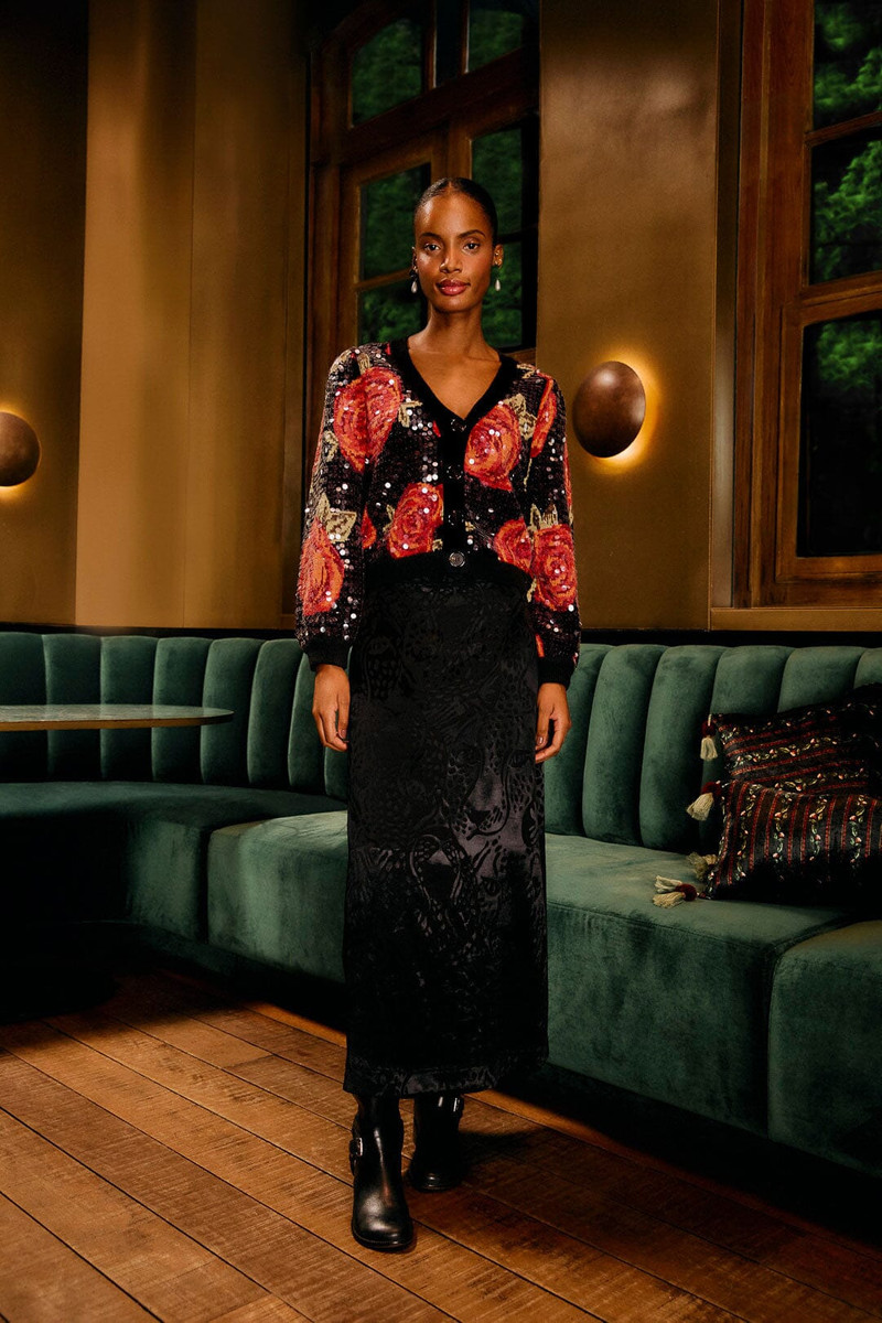 FARM RIO Black Latin Roses Buttoned Sequined Knit Cardigan outlook
