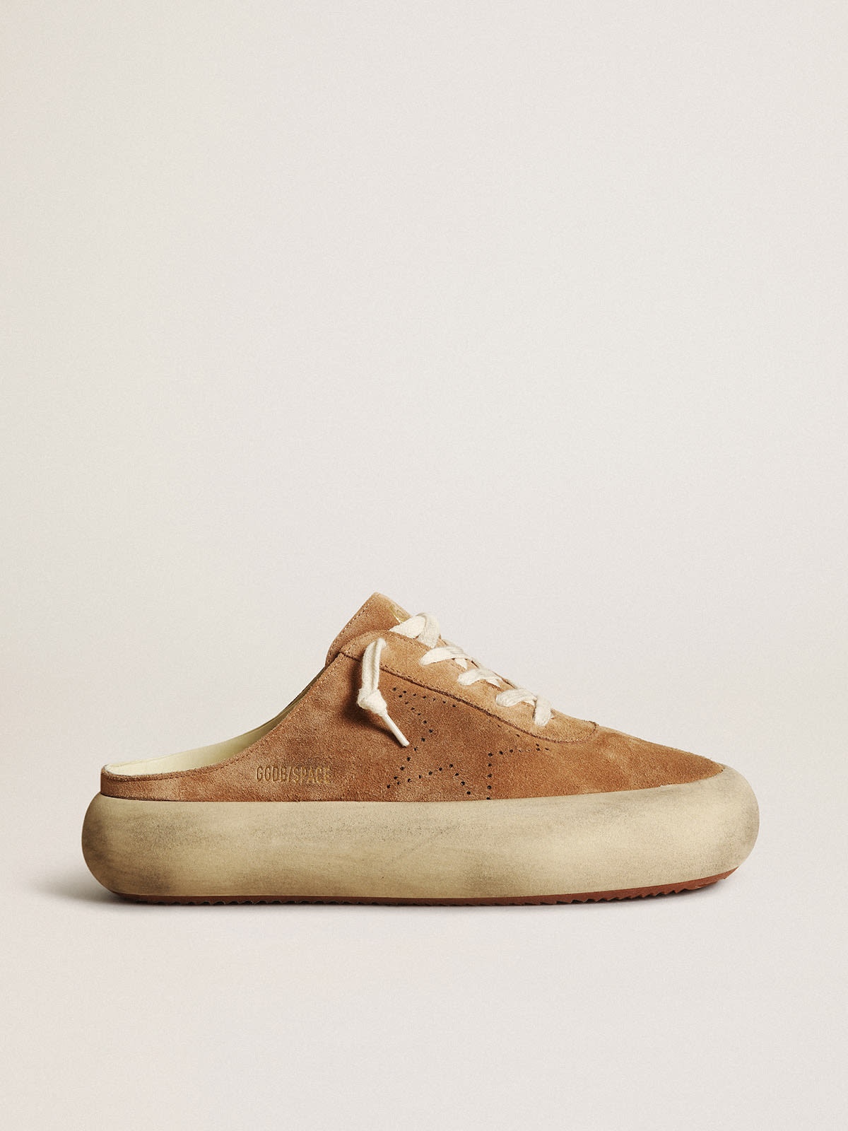Women's Space-Star Sabots in tobacco-colored suede with perforated star - 1