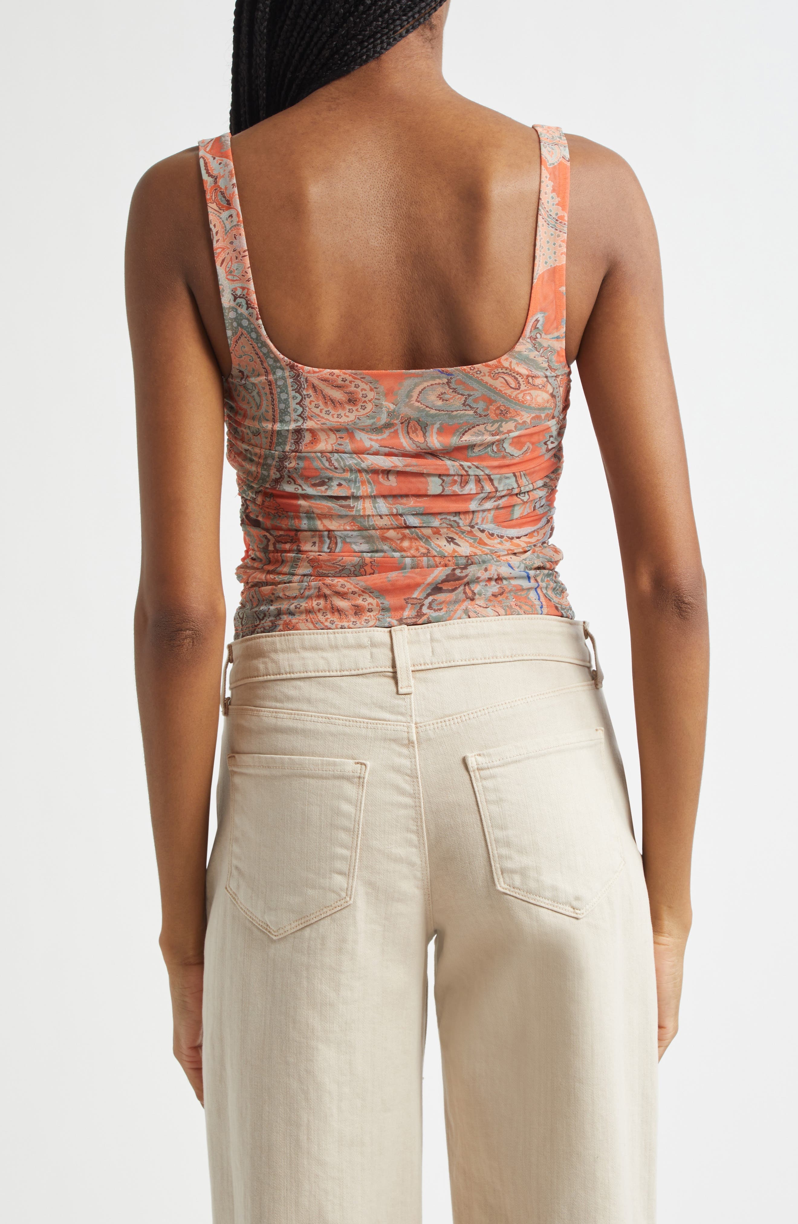 L'AGENCE Rasha Paisley Ruched Mesh Tank in Orange/Light Blue Paisley at Nordstrom - 3