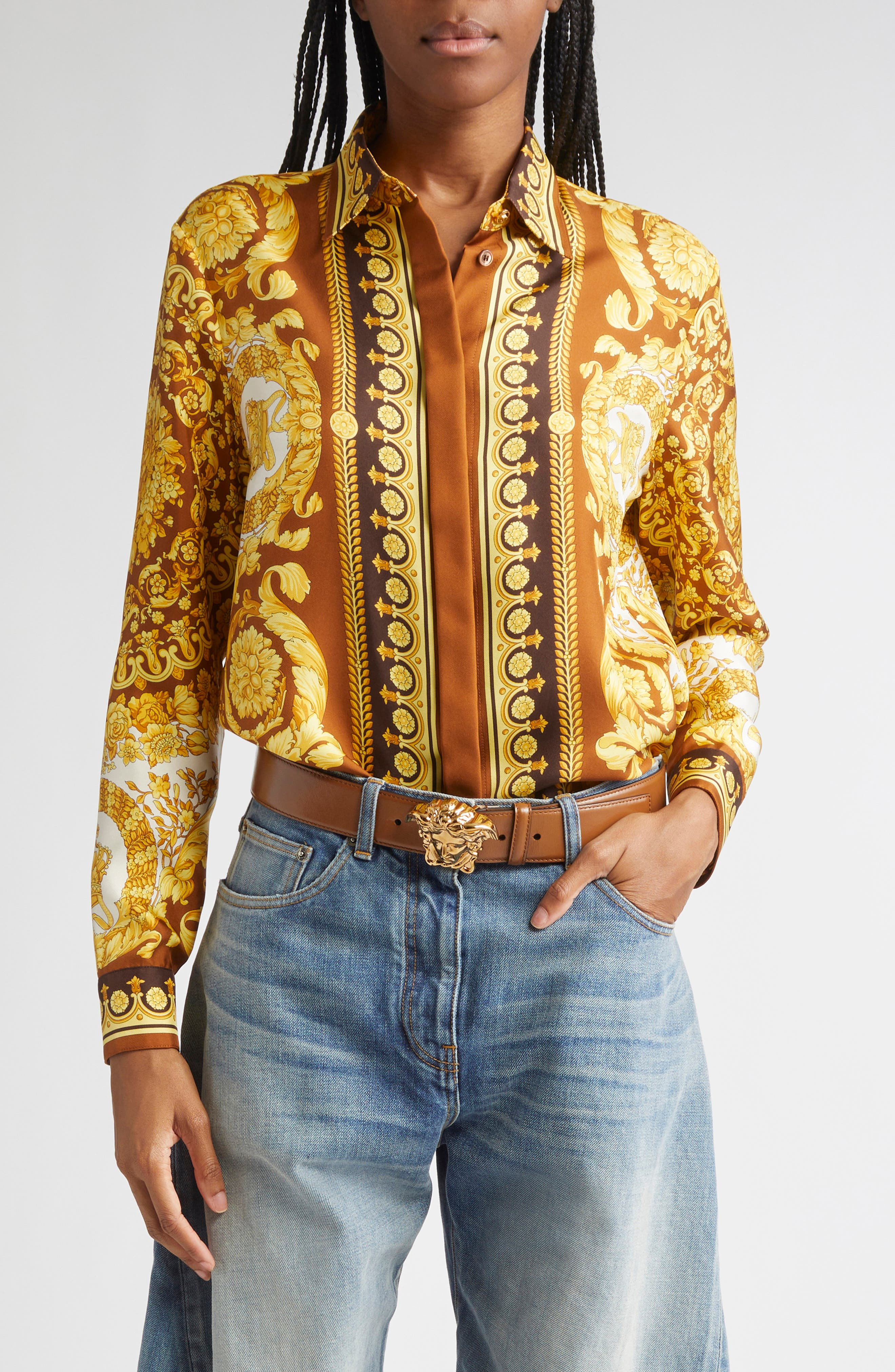 Versace Barocco 92 Silk Twill Button-Up Shirt in Dark Brown Spice at Nordstrom - 1