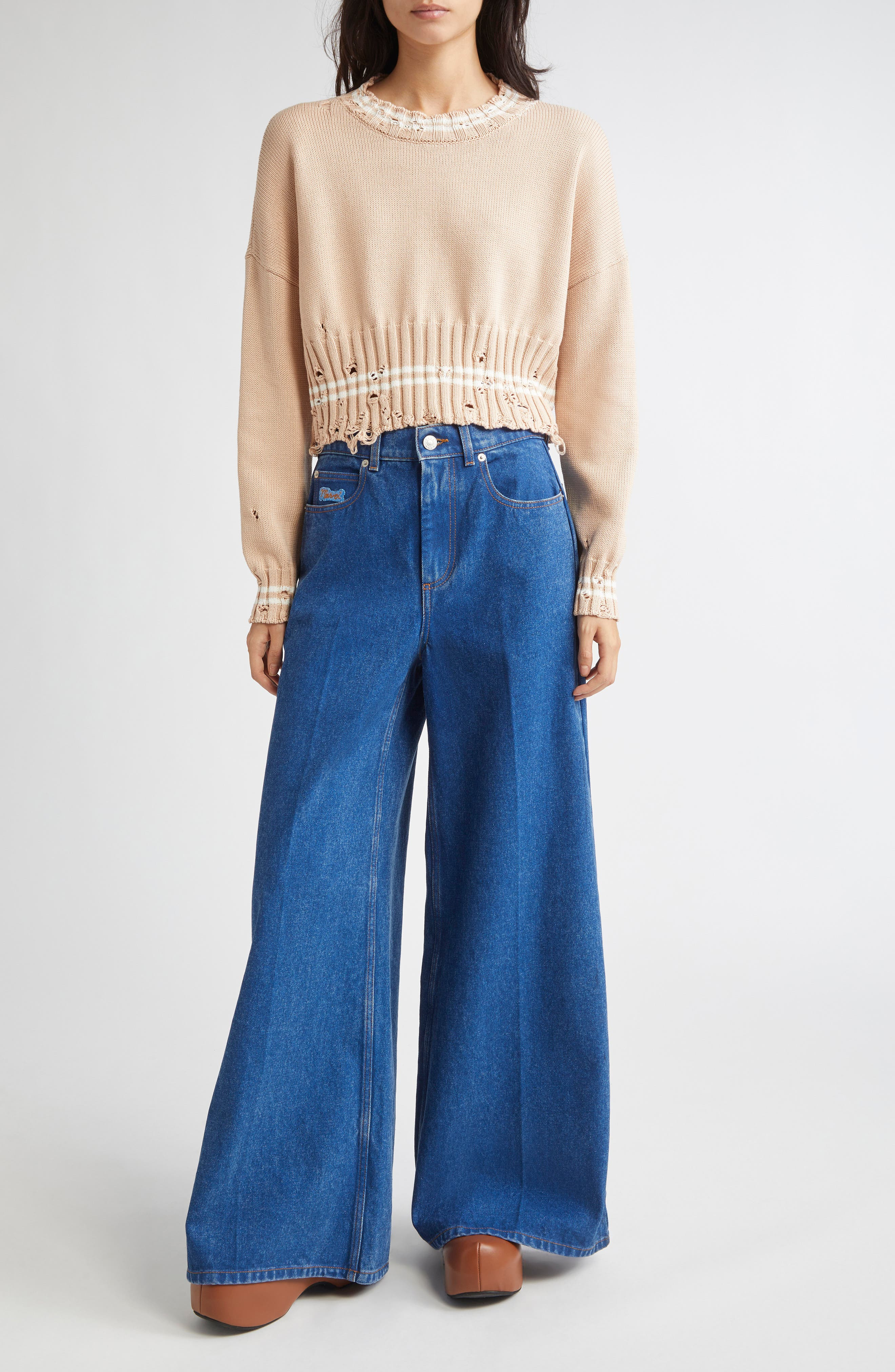Marni Mending Logo Distressed Cotton Crewneck Sweater in 00W35 Sand Storm at Nordstrom - 2