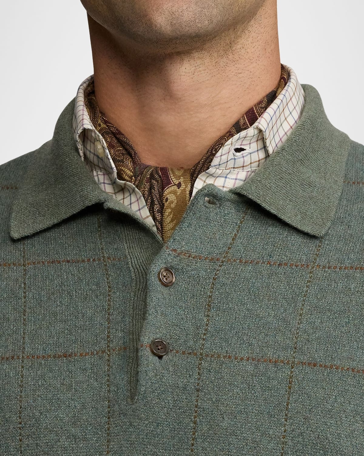 Men's Plaid Cashmere-Wool Polo-Collar Sweater - 6