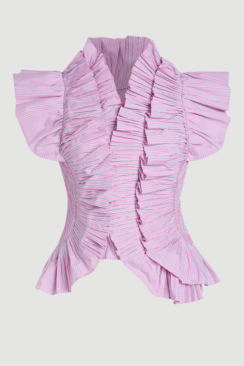 KAREN MILLEN Plus Size Pleated Stripe Ruffle Sleeve Woven Top outlook