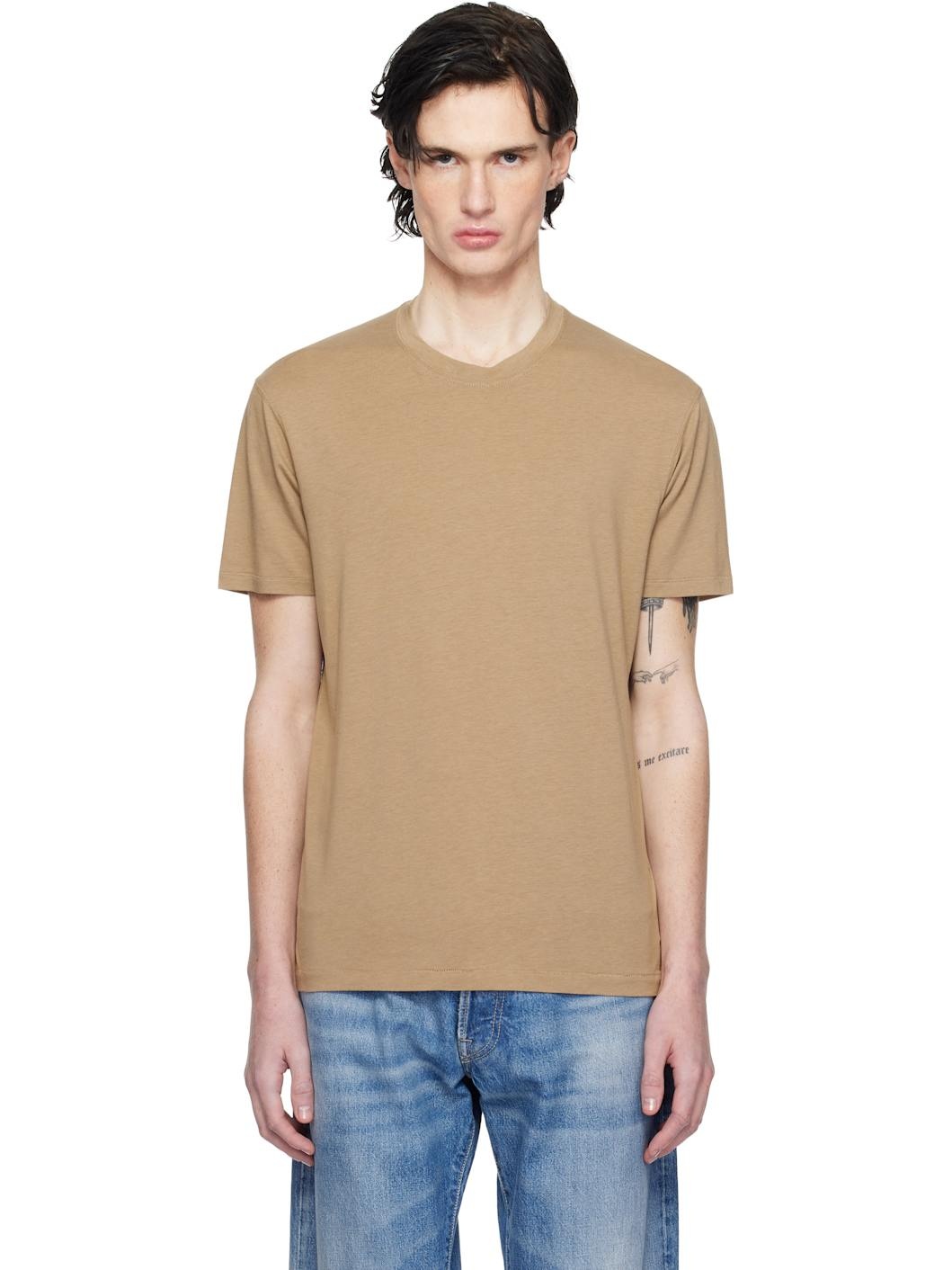 Beige Lyocell Cotton Crew T-shirt - 1
