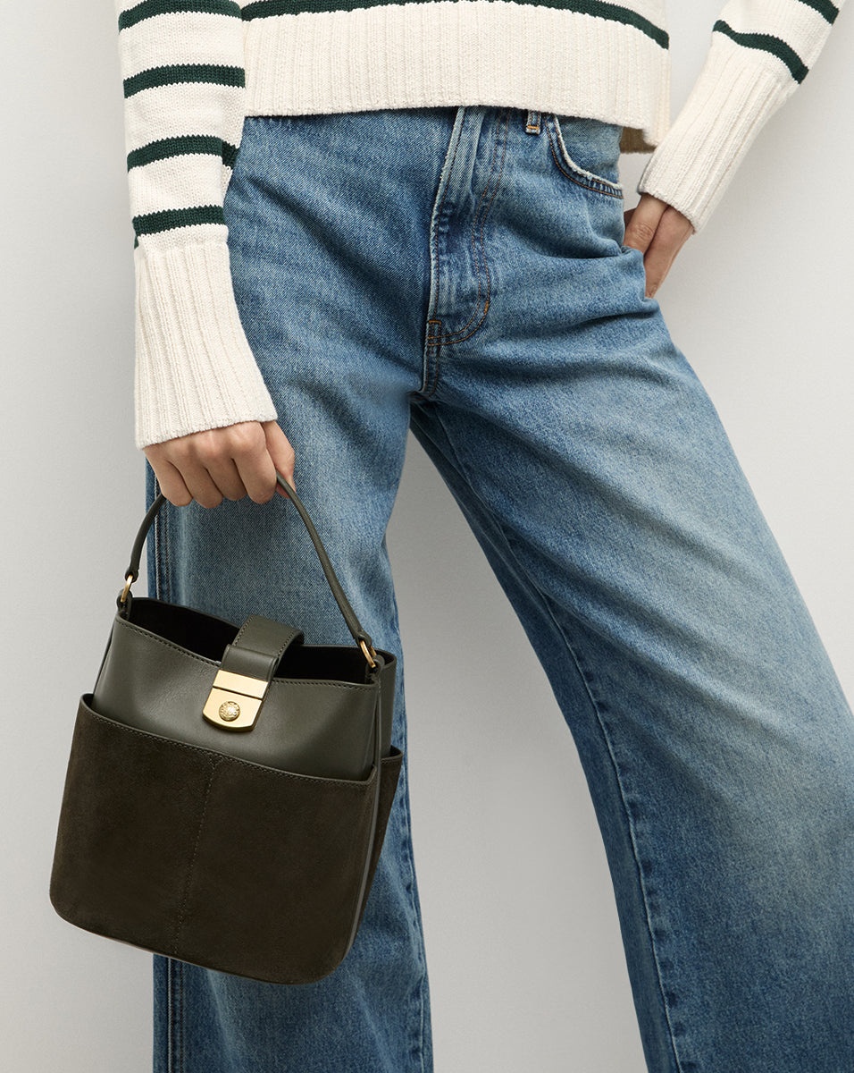 SMALL SUEDE CREST LOCK BUCKET BAG - 6