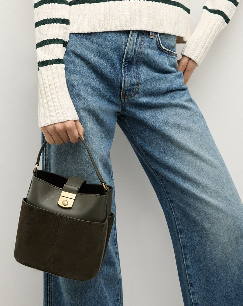 SMALL SUEDE CREST LOCK BUCKET BAG 6