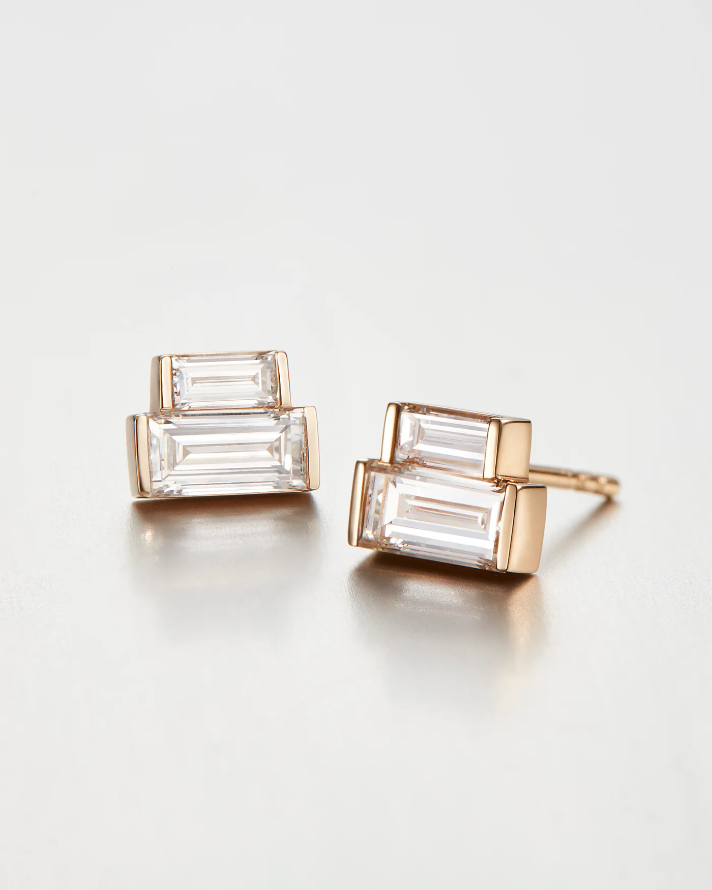 14K Stacked Baguette Diamond Stud Earrings - 1