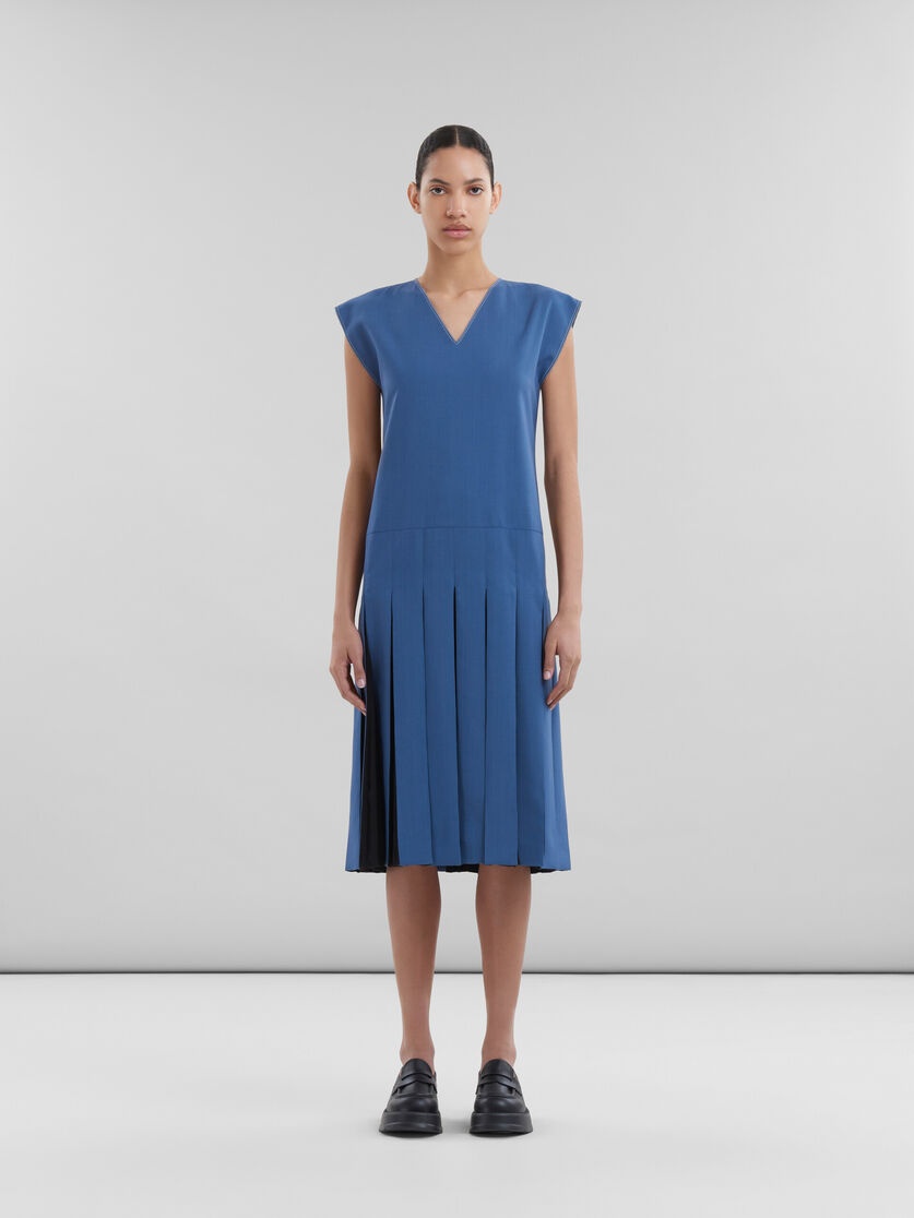 BLUE TROPICAL WOOL DRESS WITH CONTRAST PLEATS - 2