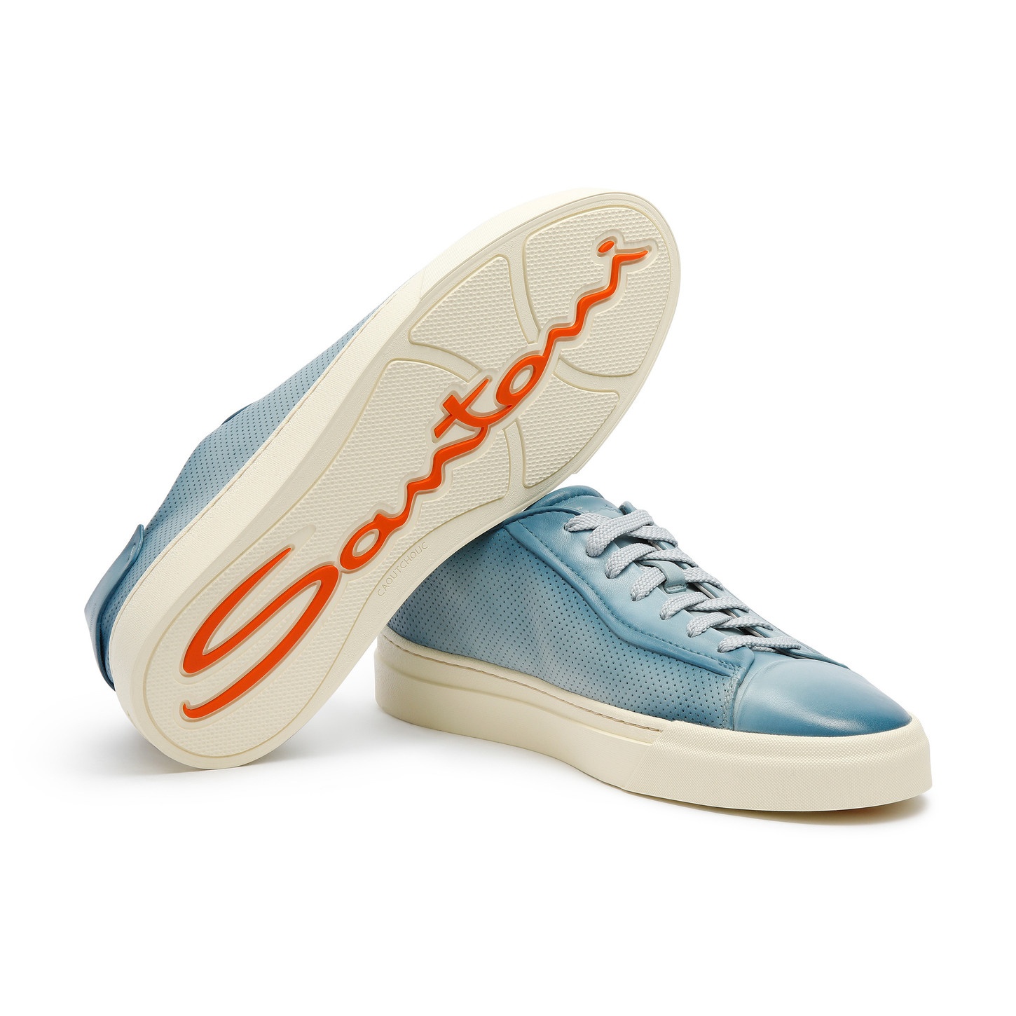Men's polished light blue leather perforated-effect sneaker - 4