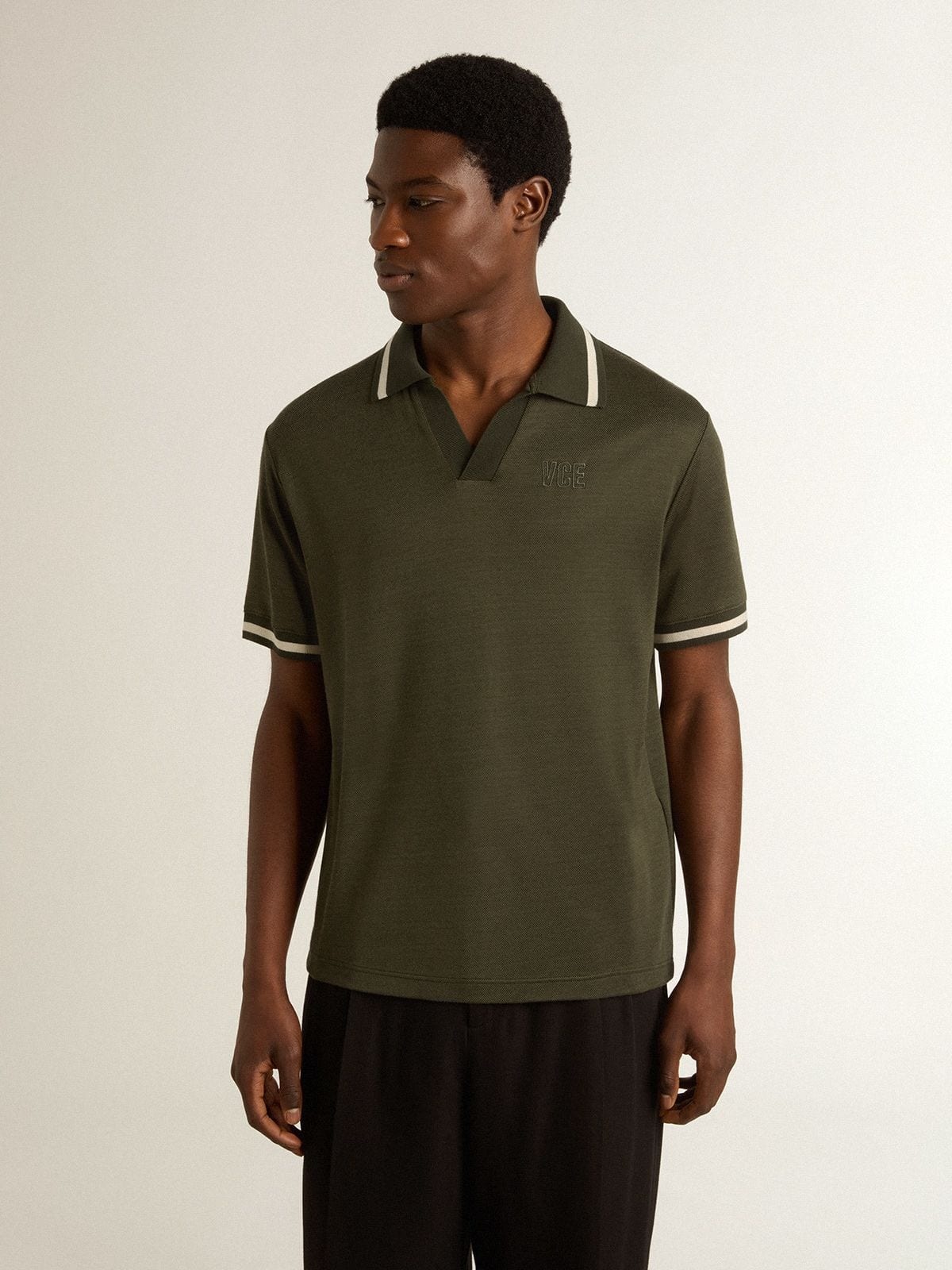 Men's military-green jersey polo with embroidery - 2