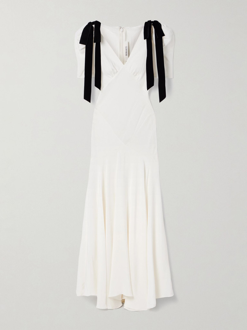 Velvet bow-embellished silk-crepe gown White 1