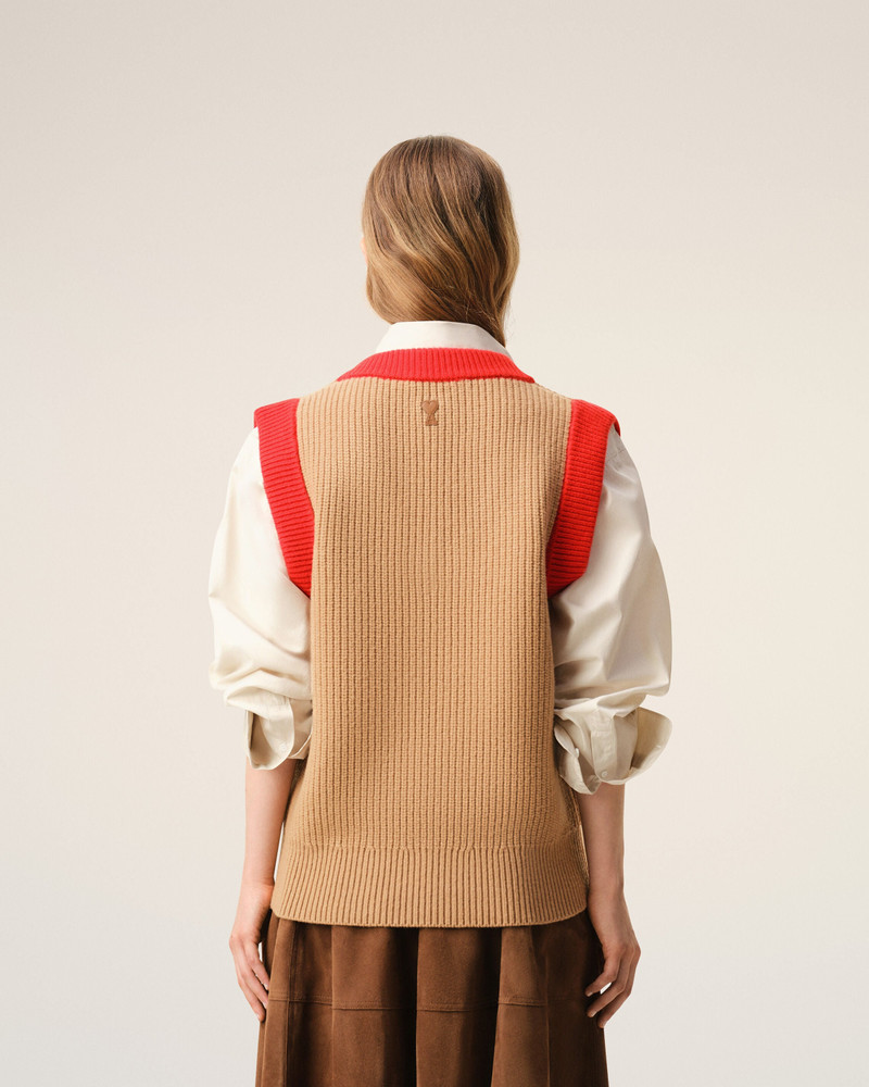BROWN WOOL SLEEVELESS V NECK SWEATER 5