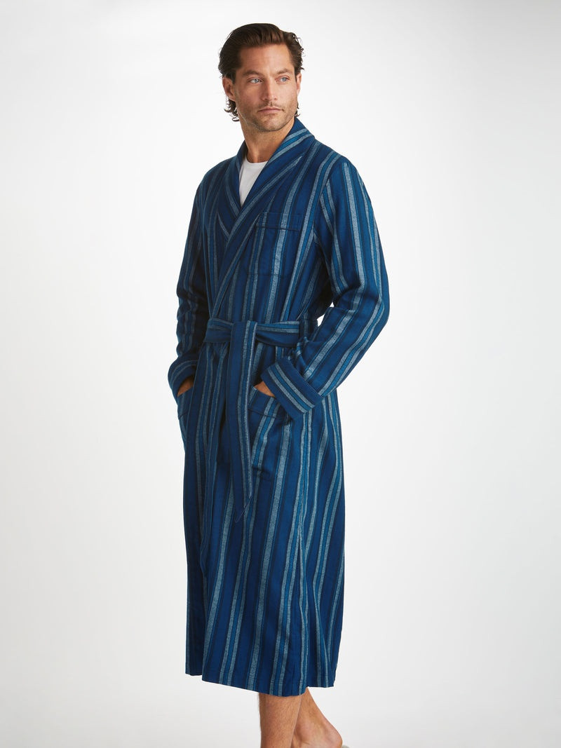 Derek Rose Men's Dressing Gown Kelburn 38 Brushed Cotton Blue outlook